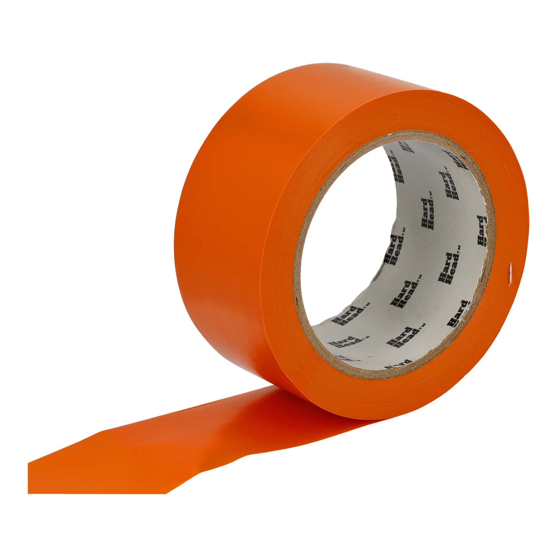 En klarorange rulle Hard Head Building-tejp med en remsa delvis utrullad, vilket blottade den inre kartongkärnan och synlig Hard Head-märkning inuti.