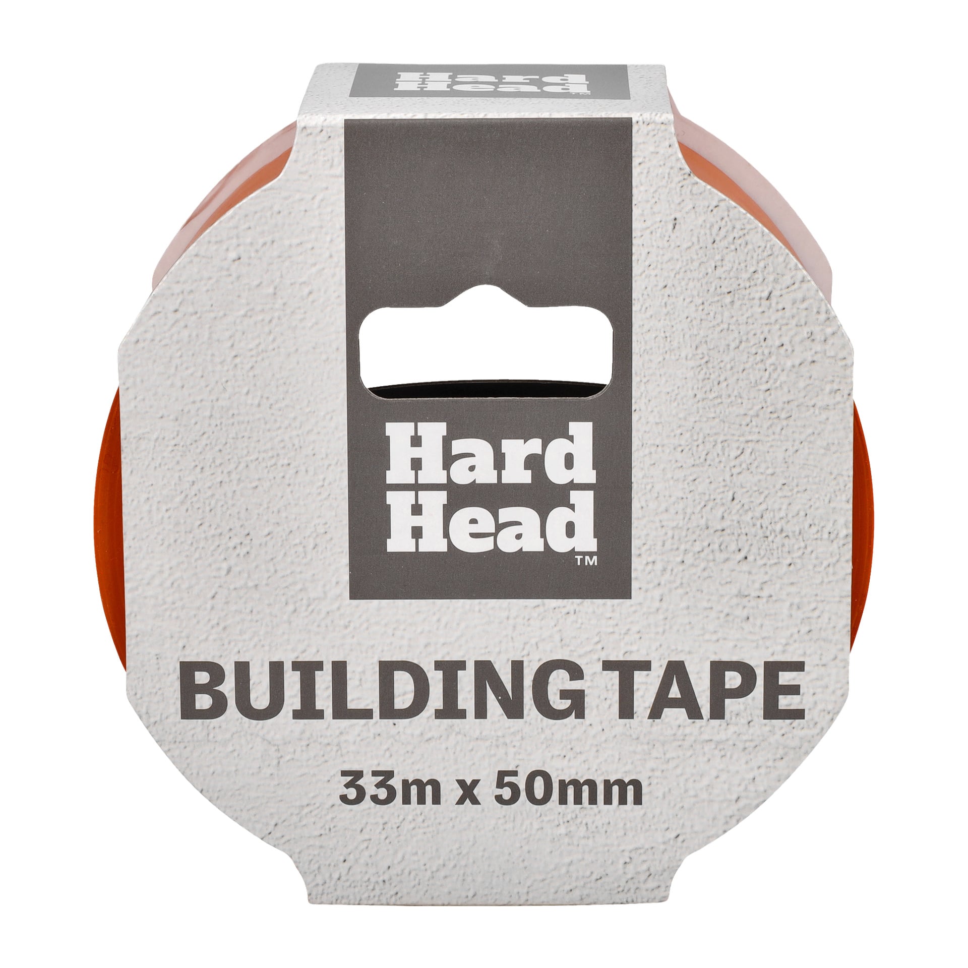 En förpackad rulle Hard Head Building Tape med en grå och vit etikett som tydligt visar "BUILDING TAPE 33m x 50mm" med feta bokstäver.