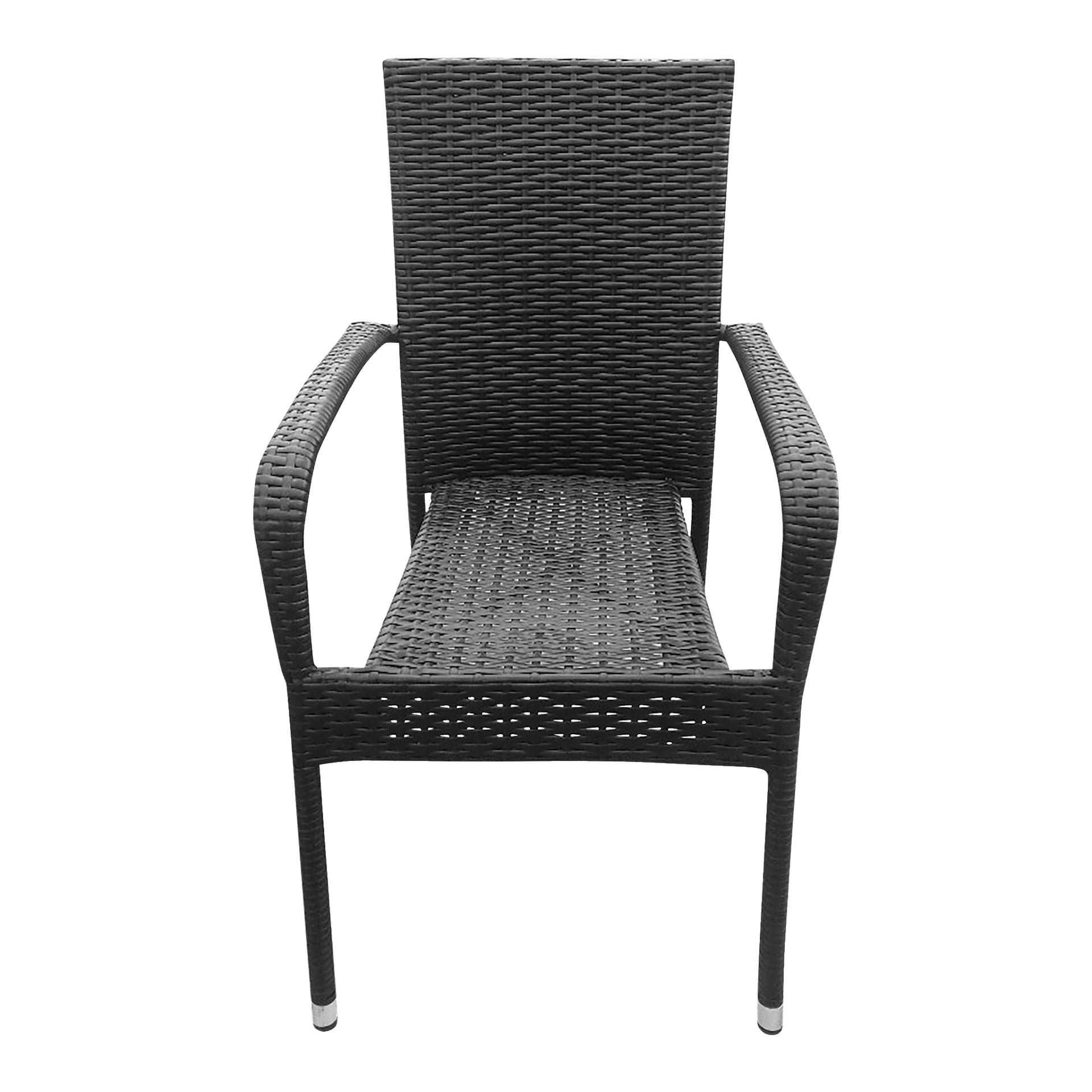 En frontvisning av EKVIP Poly rattanstol i svart med armlener, rett ryggstøtte, moderne stil og ben med metallspisser.