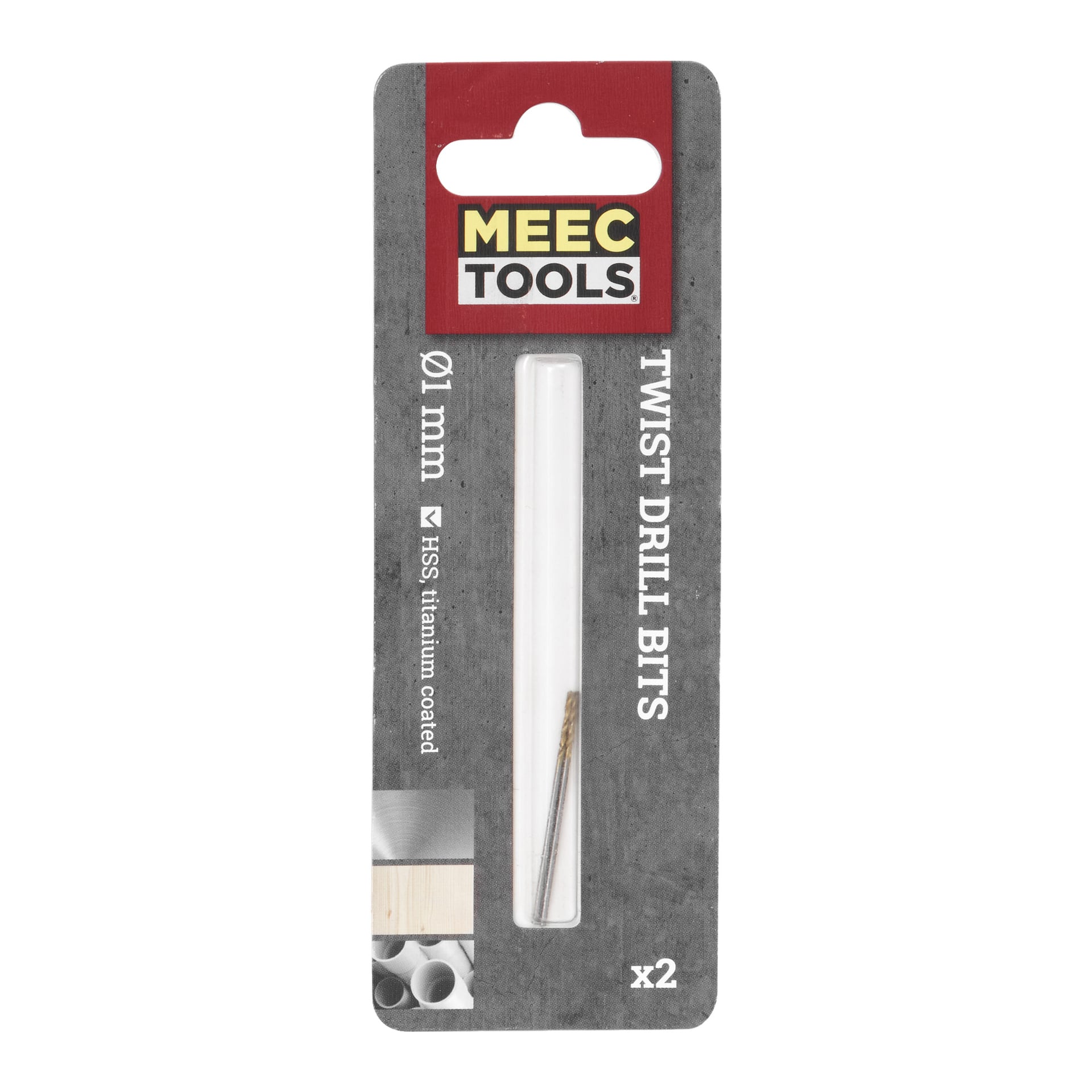 Ett paket med två metallborrar från Meec Tools, vardera 1 mm i diameter och titanbelagda HSS, visade i grå förpackning som visar produktinformation och visuella detaljer som visar lämplighet för borrning av trä och rör.