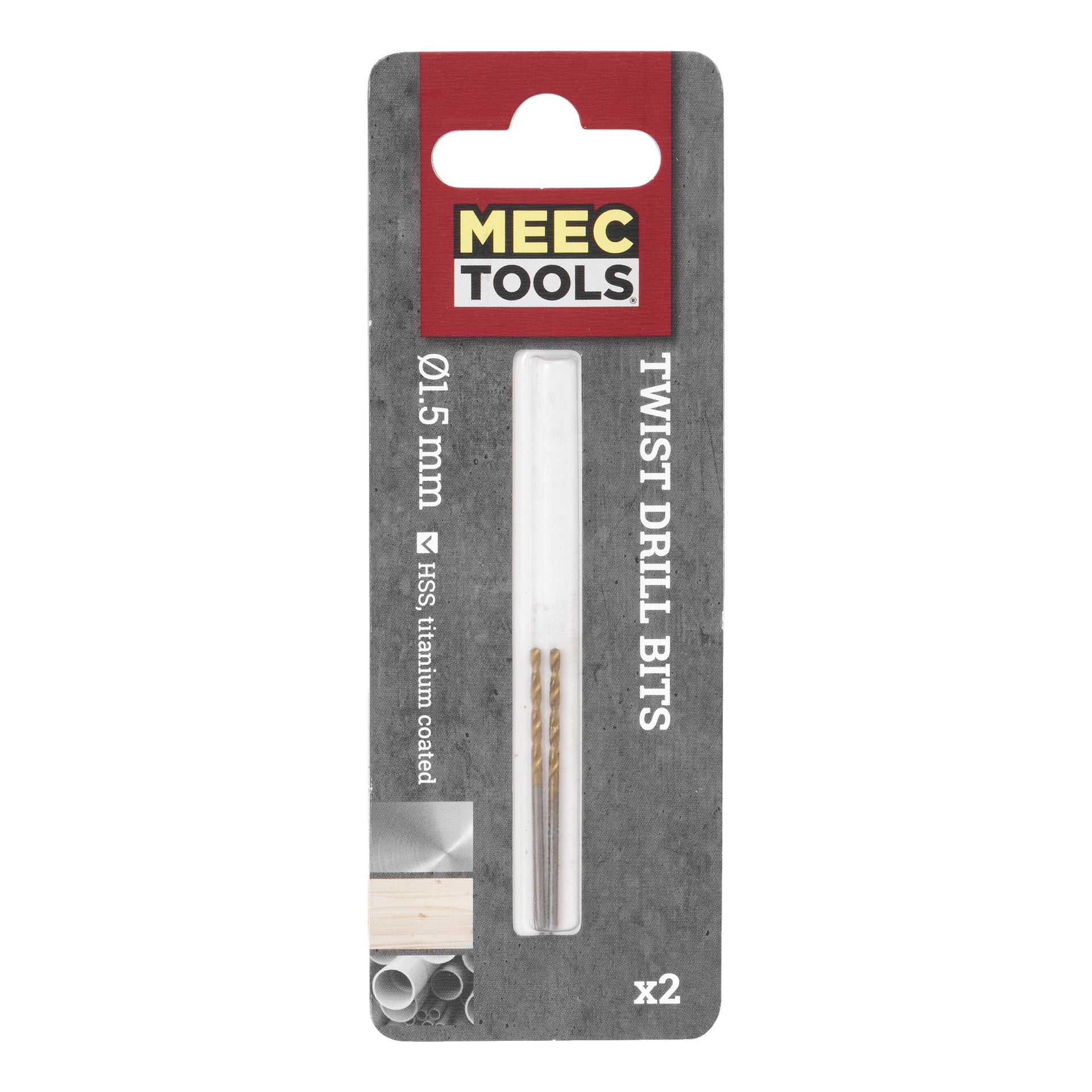 Ett grått Meec Tools-paket visar två 1,5 mm titanbelagda metallborr, med produktdetaljer och en bild av bitarna synlig genom ett transparent fönster.