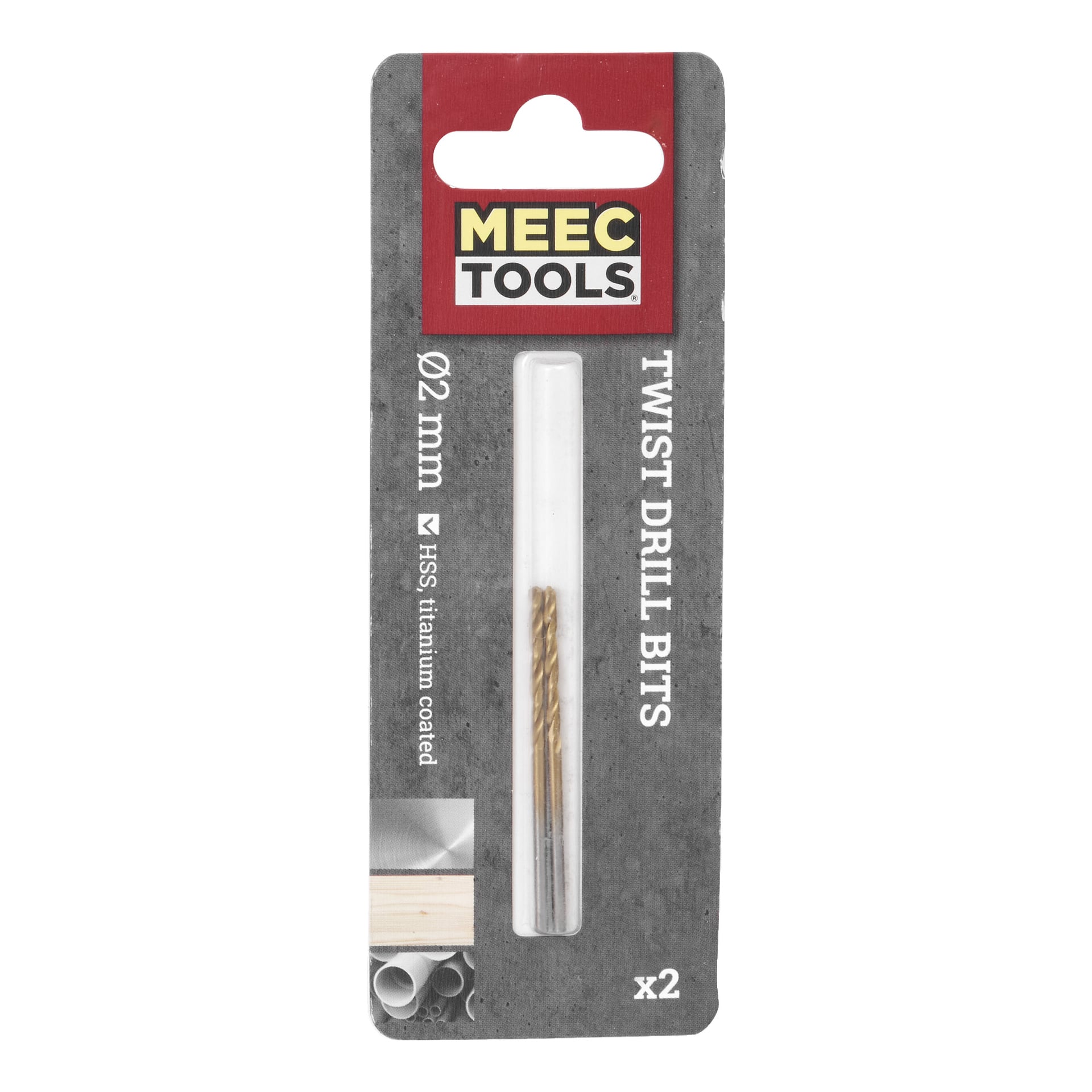 Ett paket med Meec Tools metallborr, innehållande två 2 mm HSS titanbelagda vridborr, visade på en grå kartongbaksida med synliga produktdetaljer på framsidan.