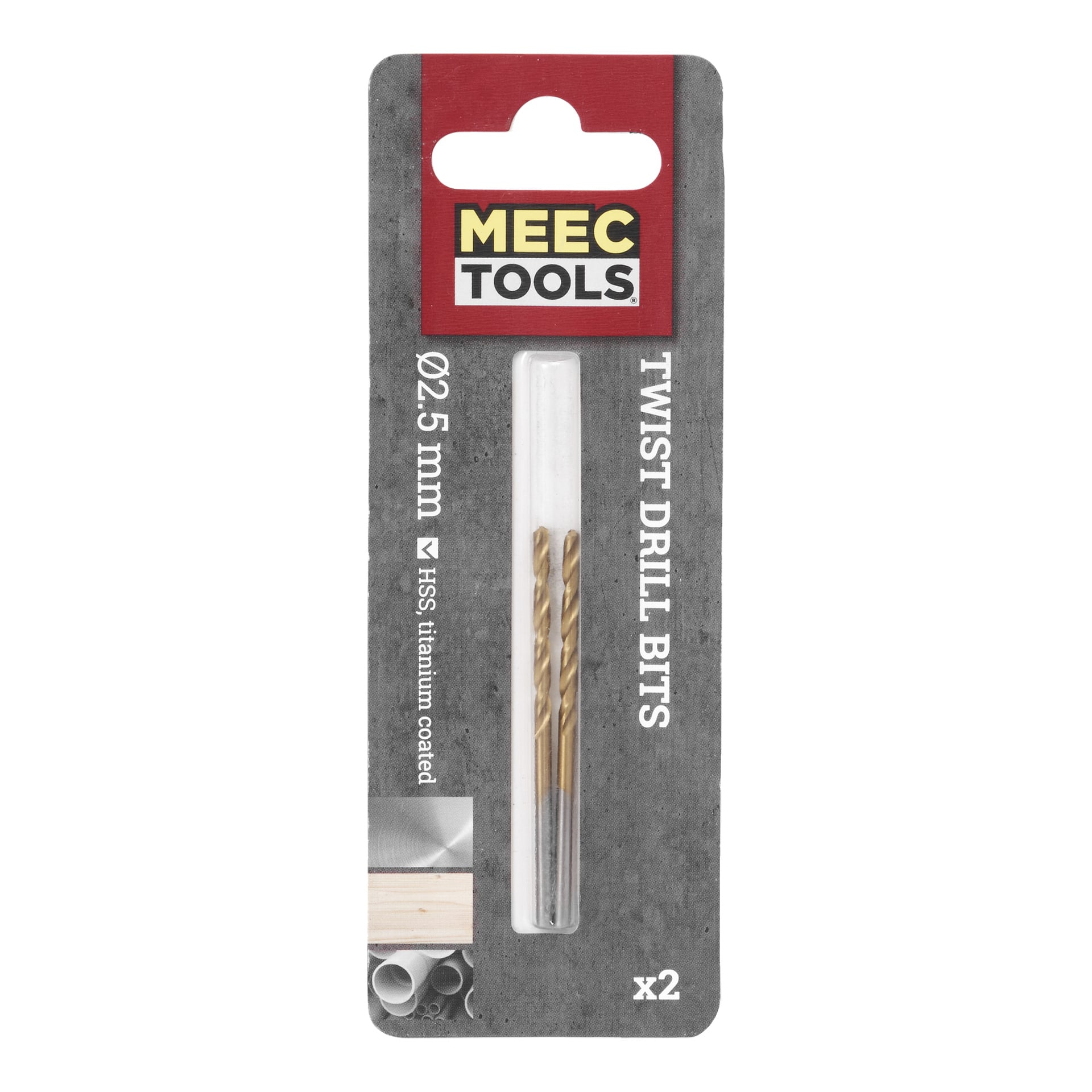 Ett par Meec Tools 2,5 mm titanbelagda metallborrar visas inuti ett transparent plastfodral på ett grått paket märkt för användning med metall. Förpackningen visar produktinformation och har bilder av de två borrbitarna nära botten.