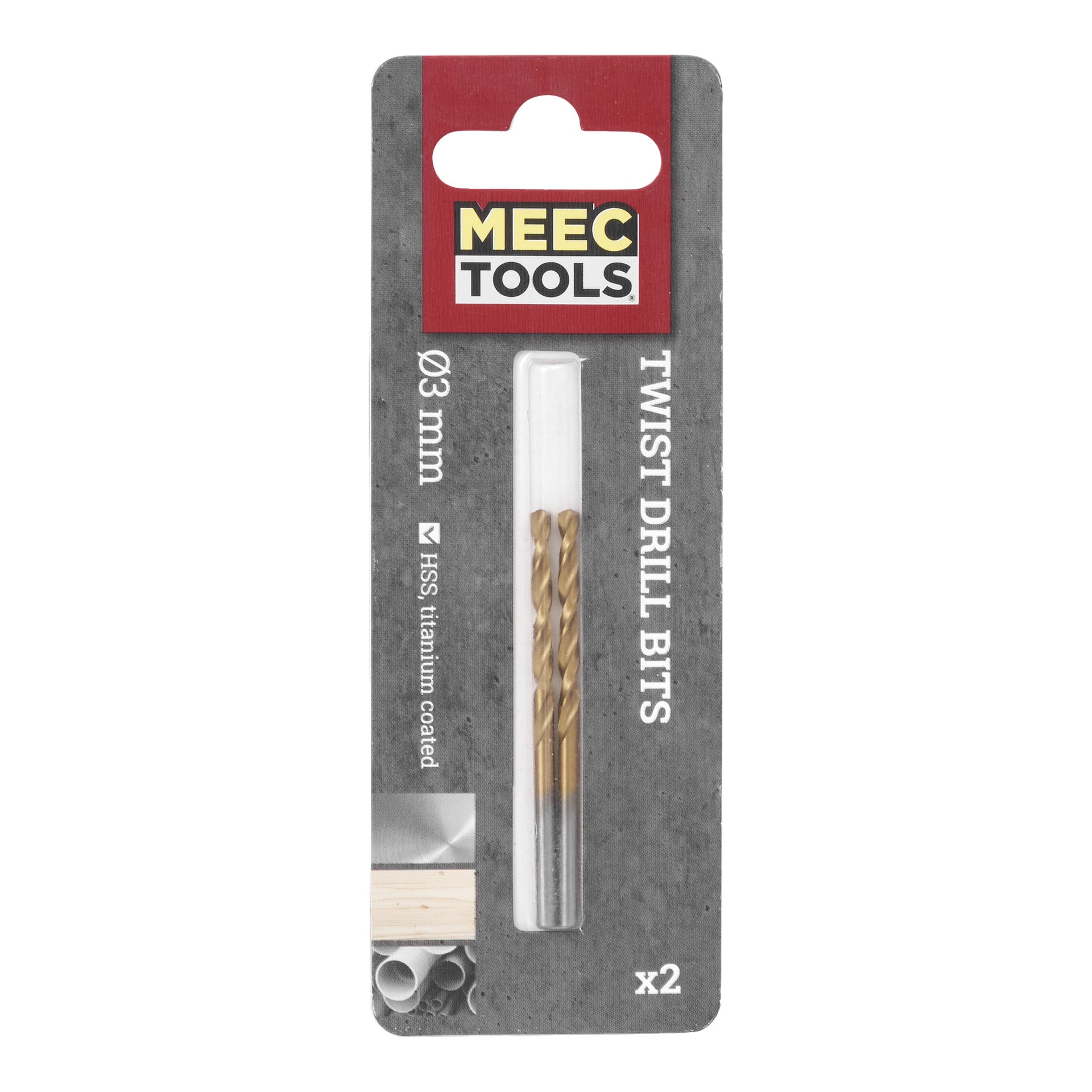 Ett par metallborrar från Meec Tools med titanbeläggning, var och en 3 mm i diameter, visas i sammanfogade plast- och kartongförpackningar märkta med varumärket Meec Tools. De är avsedda för användning både på metall- och träytor.
