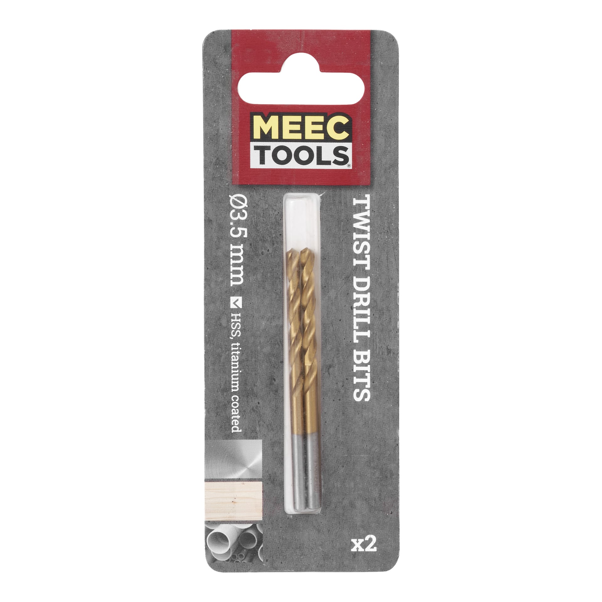 Ett paket med Meec Tools 3,5 mm HSS titanbelagda metallborrar innehållande två delar. Den grå förpackningen visar produktinformation och illustrationer av trä och rör nära botten.