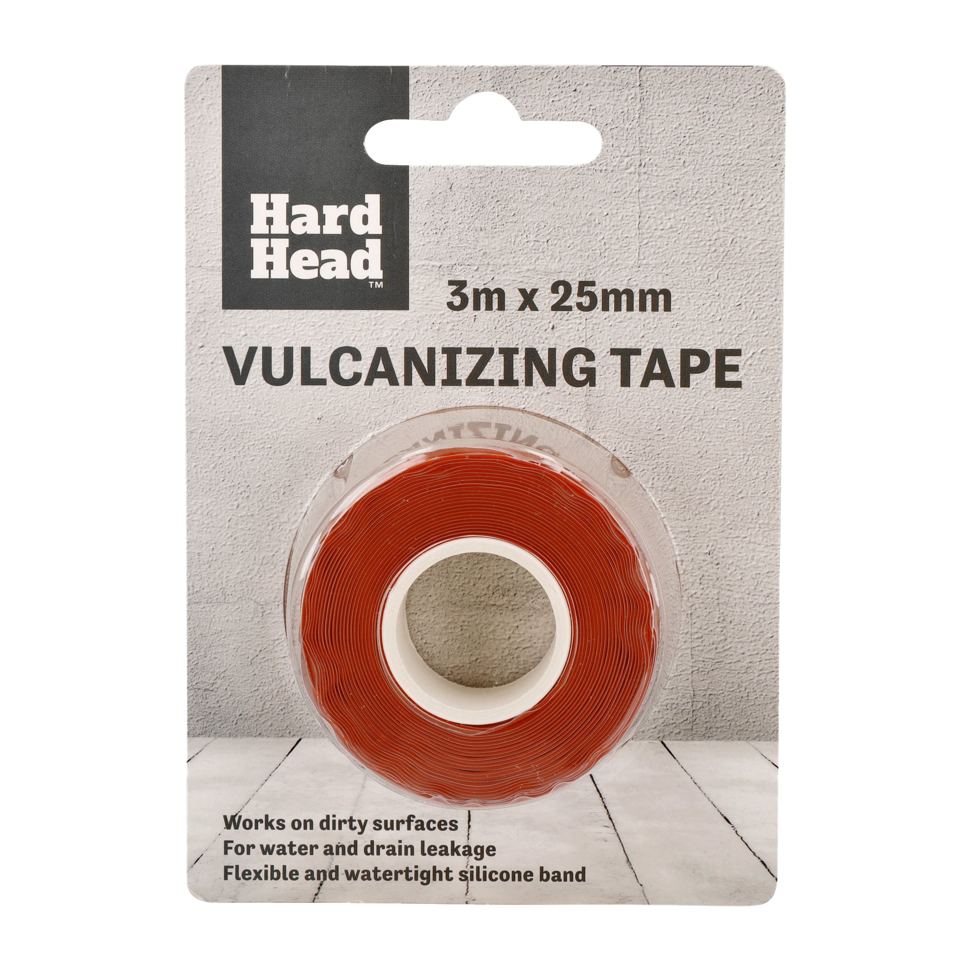 Ett paket Hard Head Vulcanization Tape med synlig röd tejp, 3 meter lång och 25 millimeter bred. Förpackningen anger att den är flexibel, vattentät, kan användas på smutsiga ytor och är idealisk för att täta vatten och avloppsläckor.