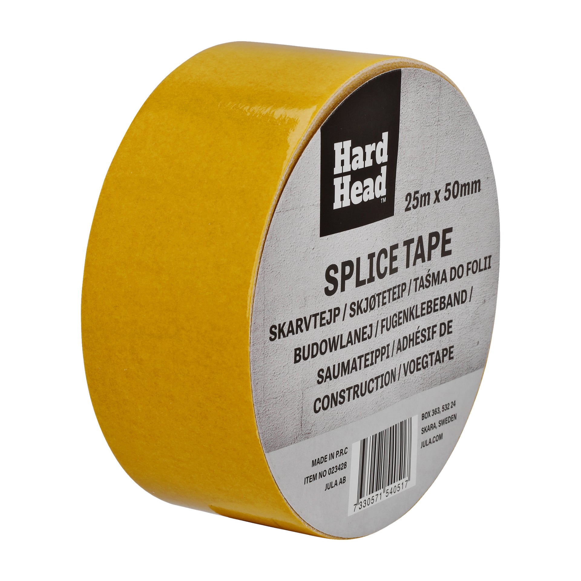 En rulle Hard Head fogtejp med en gul etikett som visar 25m x 50mm. Förpackningen listar "fogband" på flera språk och innehåller produktdetaljer, streckkod och tillverkareinformation.