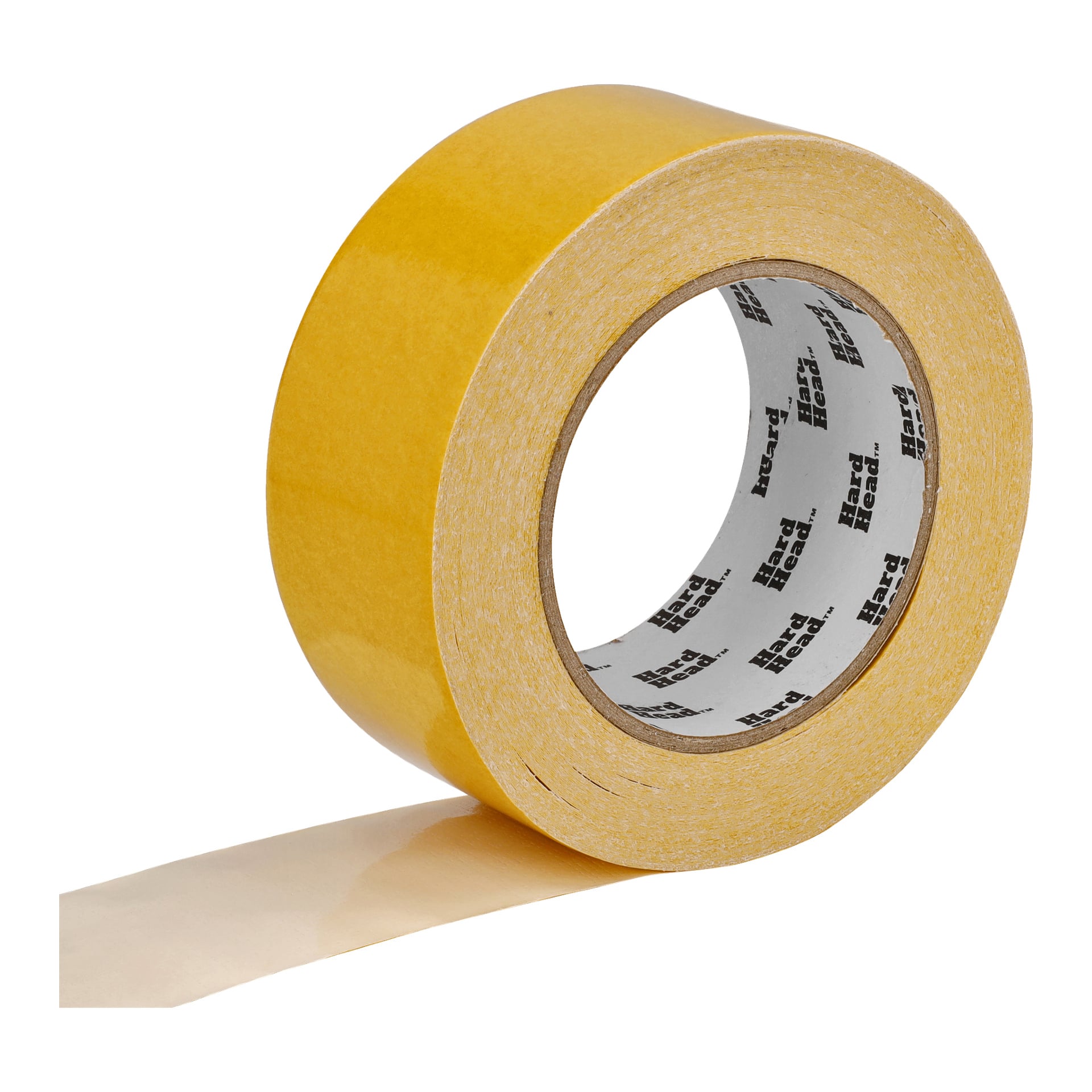 En delvis utrullad rulle Hard Head Fogband med tryckt text synlig på insidan. Tejpen har en blank yta och limsidan är under.