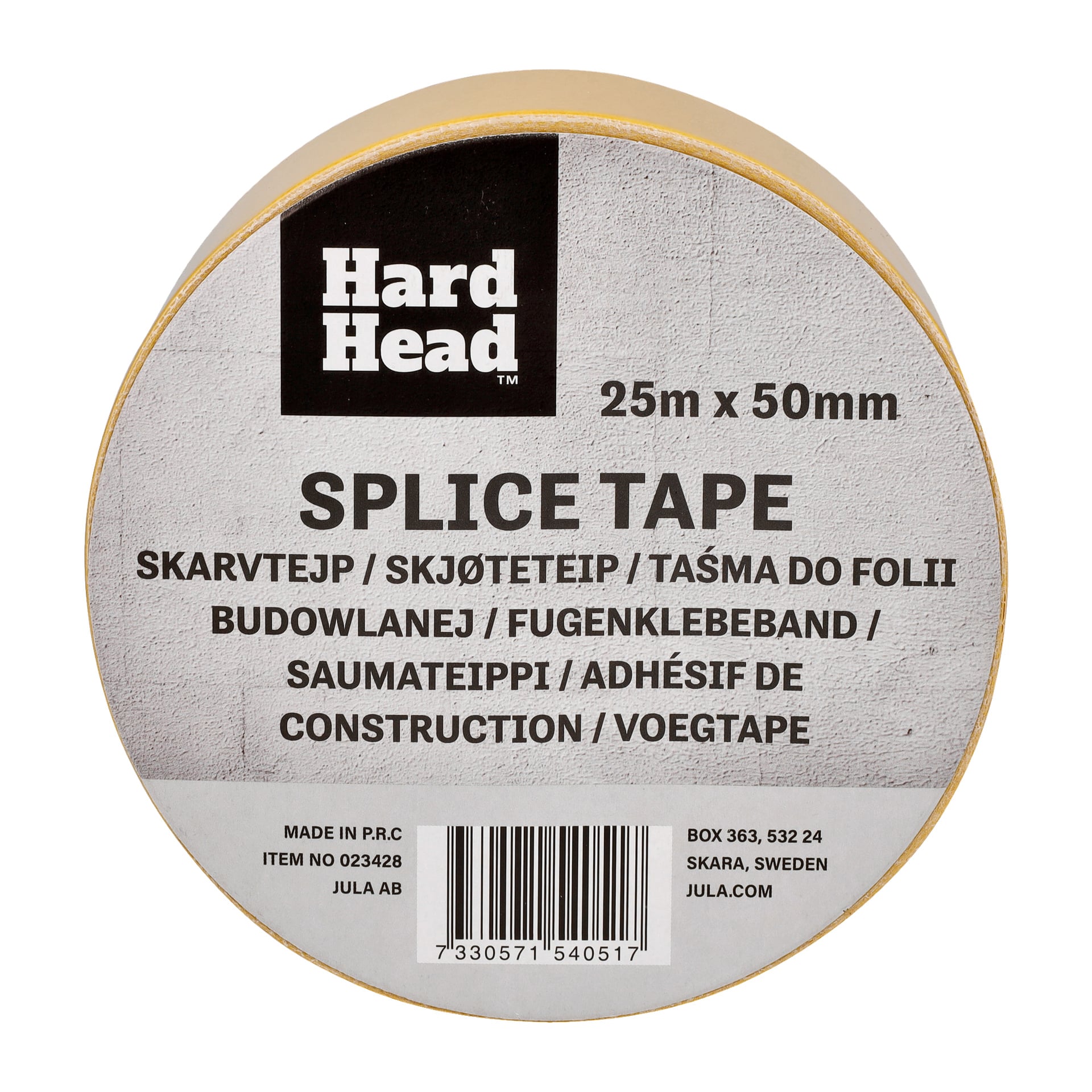 En beige rulle Hard Head Fogningstejp, 25 meter lång och 50 millimeter bred. Den övervägande vita etiketten visar produktdetaljer i svart och grått text tillsammans med information på olika språk.