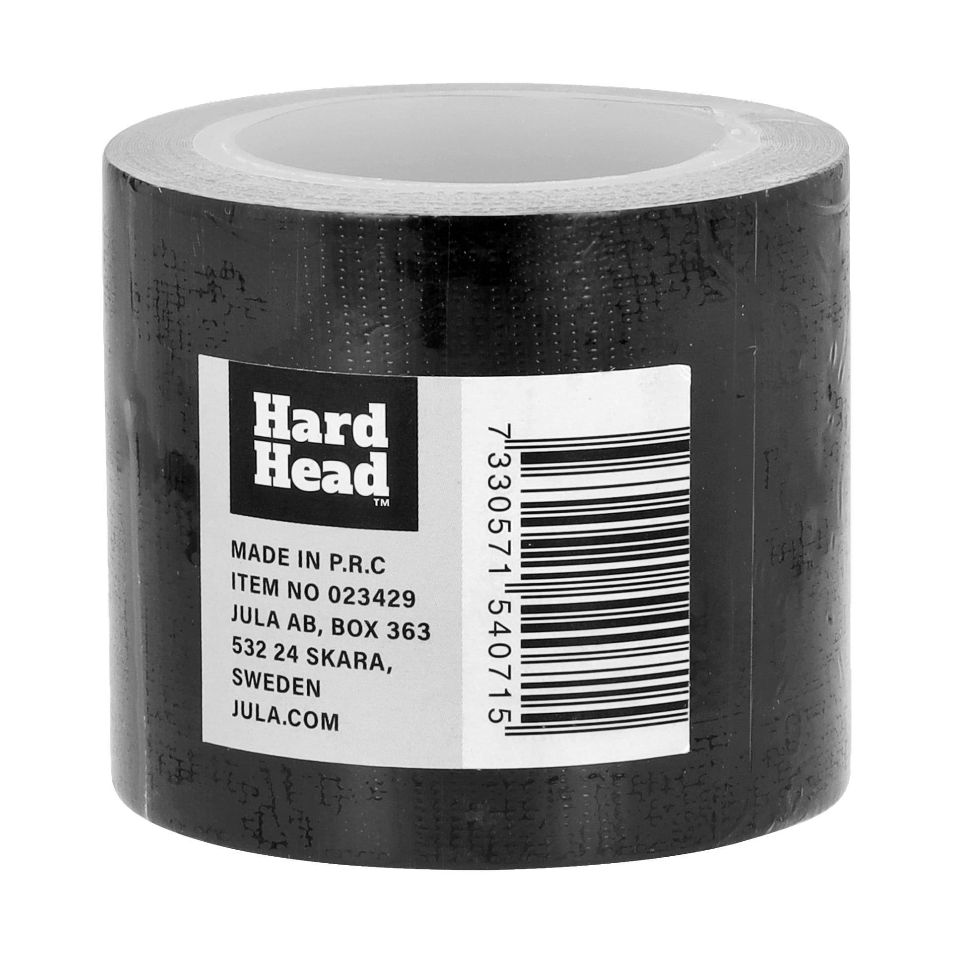 En rulle svart silvertejp märkt Hard Head, med en streckkod och detaljer som "Made in P.R.C." samt leverantörsinformation från Sverige.
