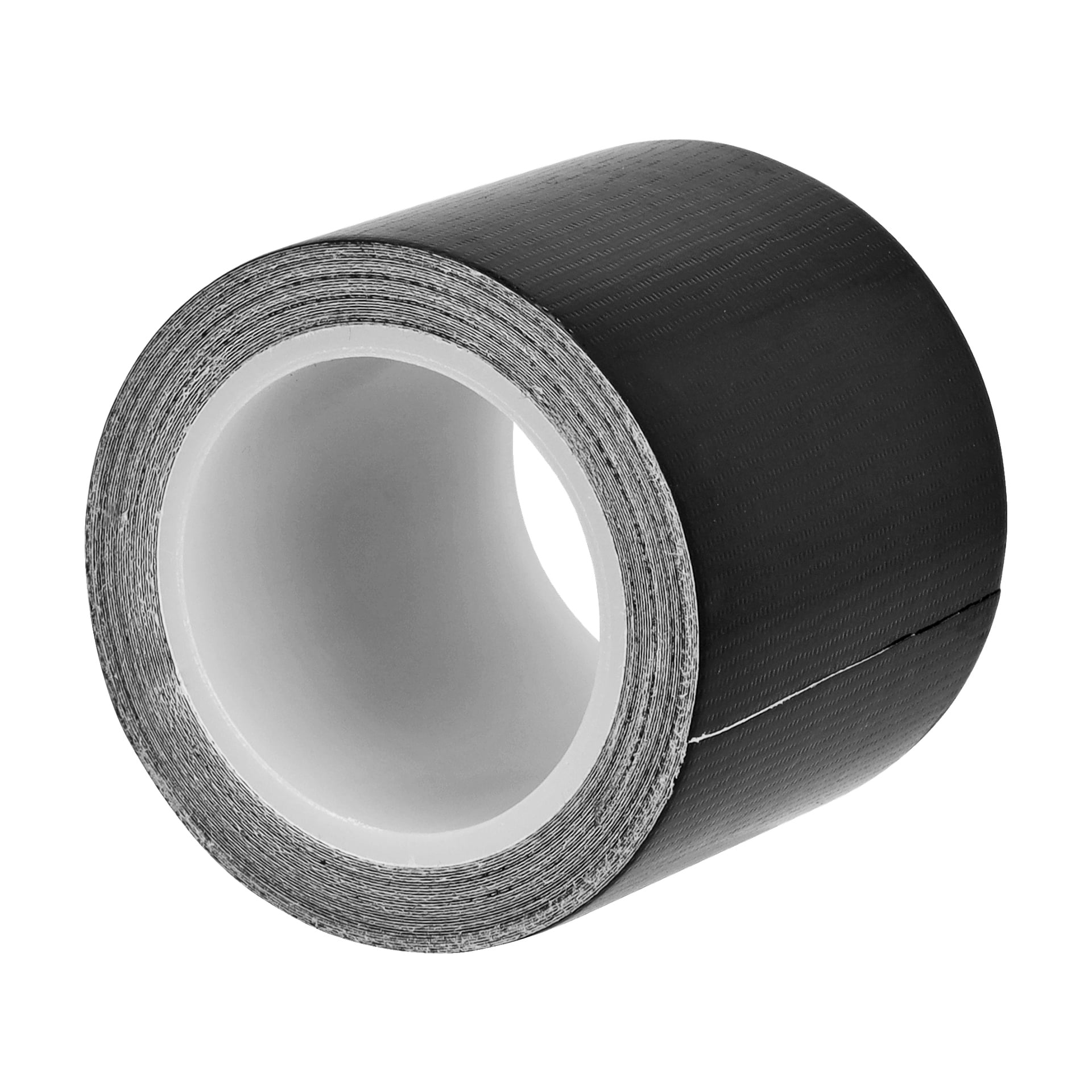 En närbild av en Hard Head Duct Tape-rulle med en svart, lätt texturerad yta och en vit inre kärna, placerad i en vinkel.