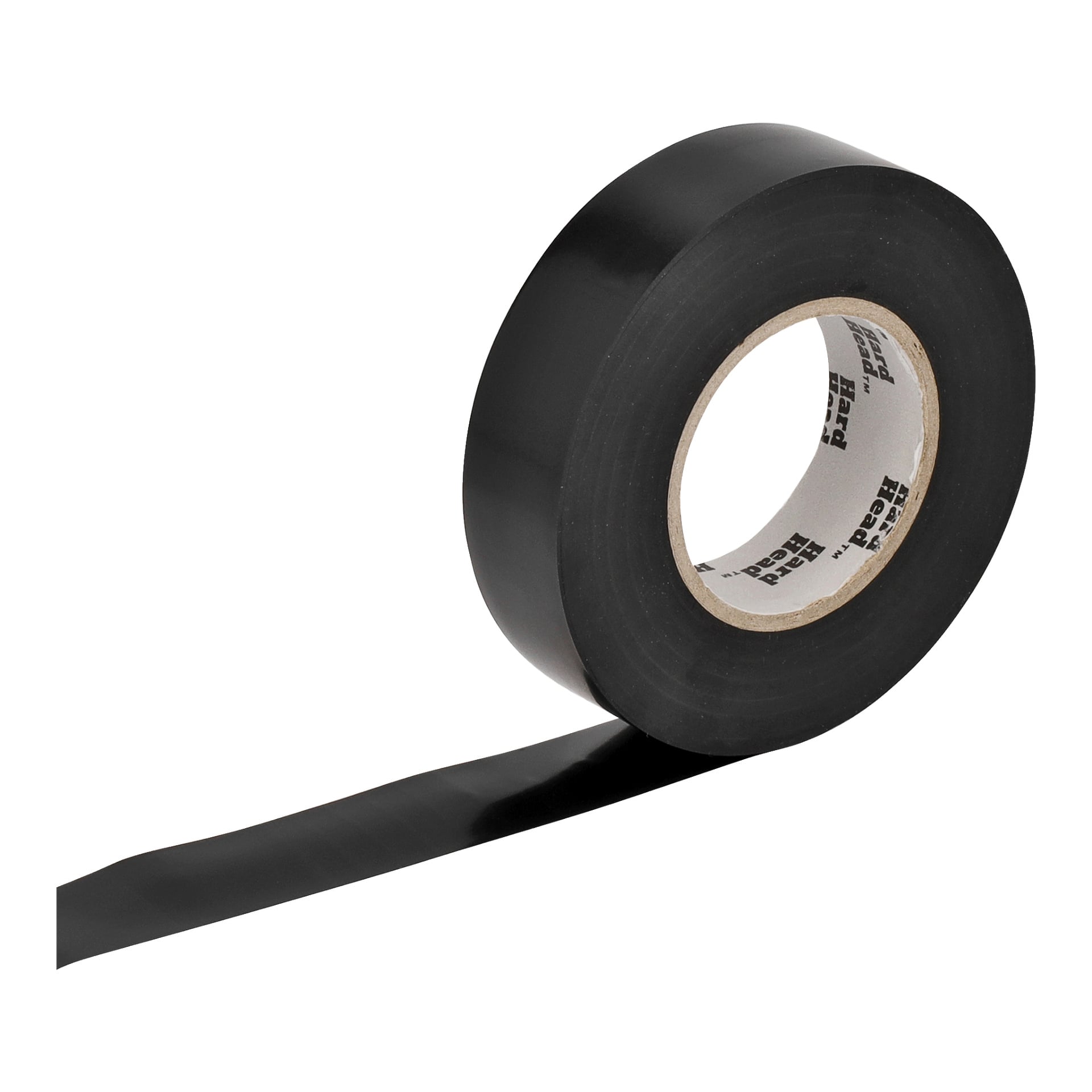 En delvis utrullad rulle svart Hard Head Insulating-tejp med produktdetaljerna tydligt synliga på den inre etiketten.
