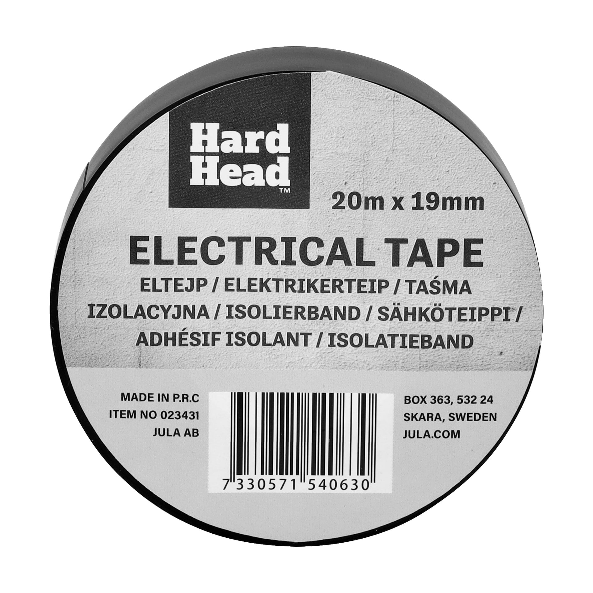En rulle Hard Head Insulating Tape visas med produktinformation på etiketten. Bandstorleken är 20 meter gånger 19 millimeter, och etiketten har streckkod, produktnummer och tillverkarens uppgifter.