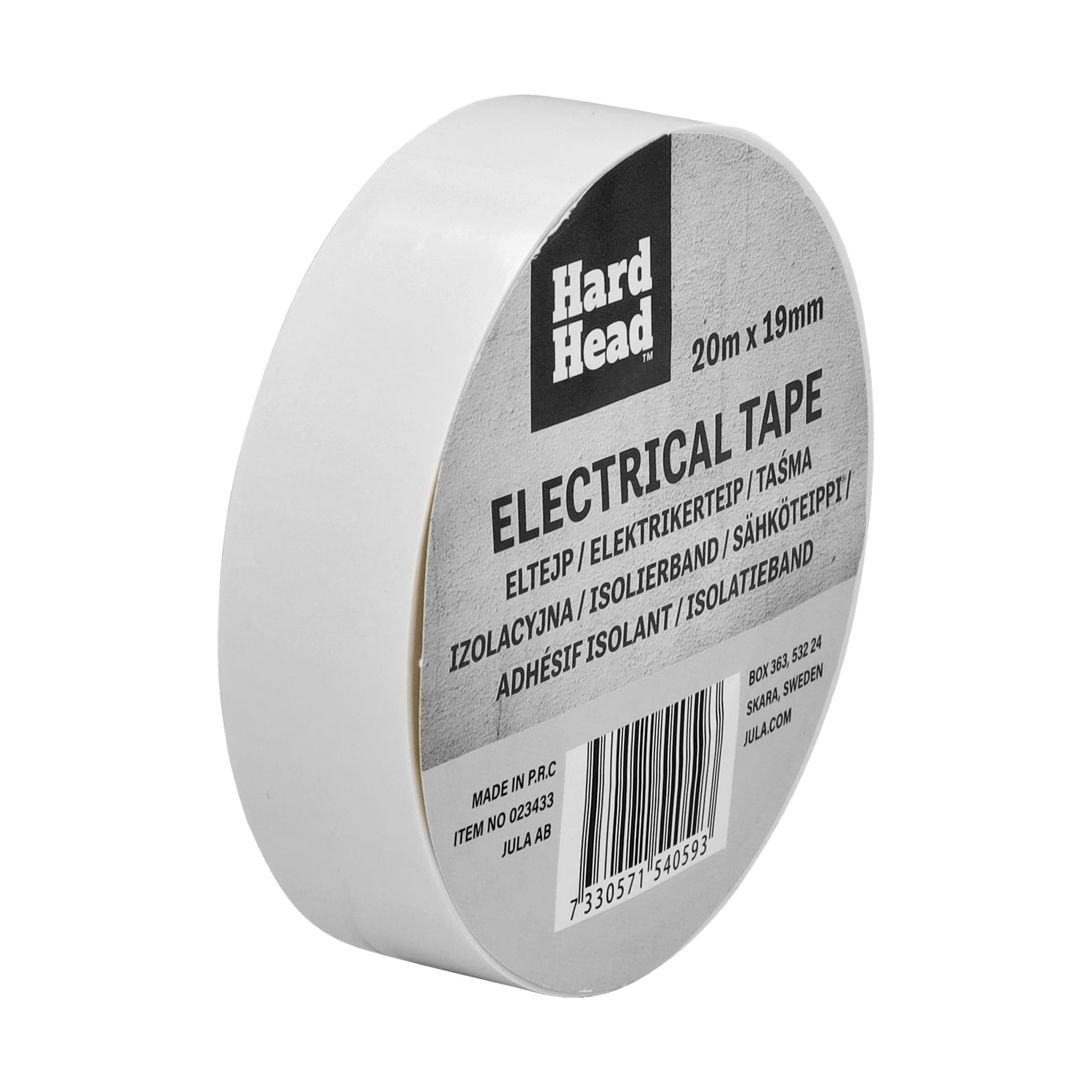 En rulle Hard Head Insulating-tejp, 20 meter gånger 19 millimeter, med märkt förpackning och en streckkod på nedre framsidan.