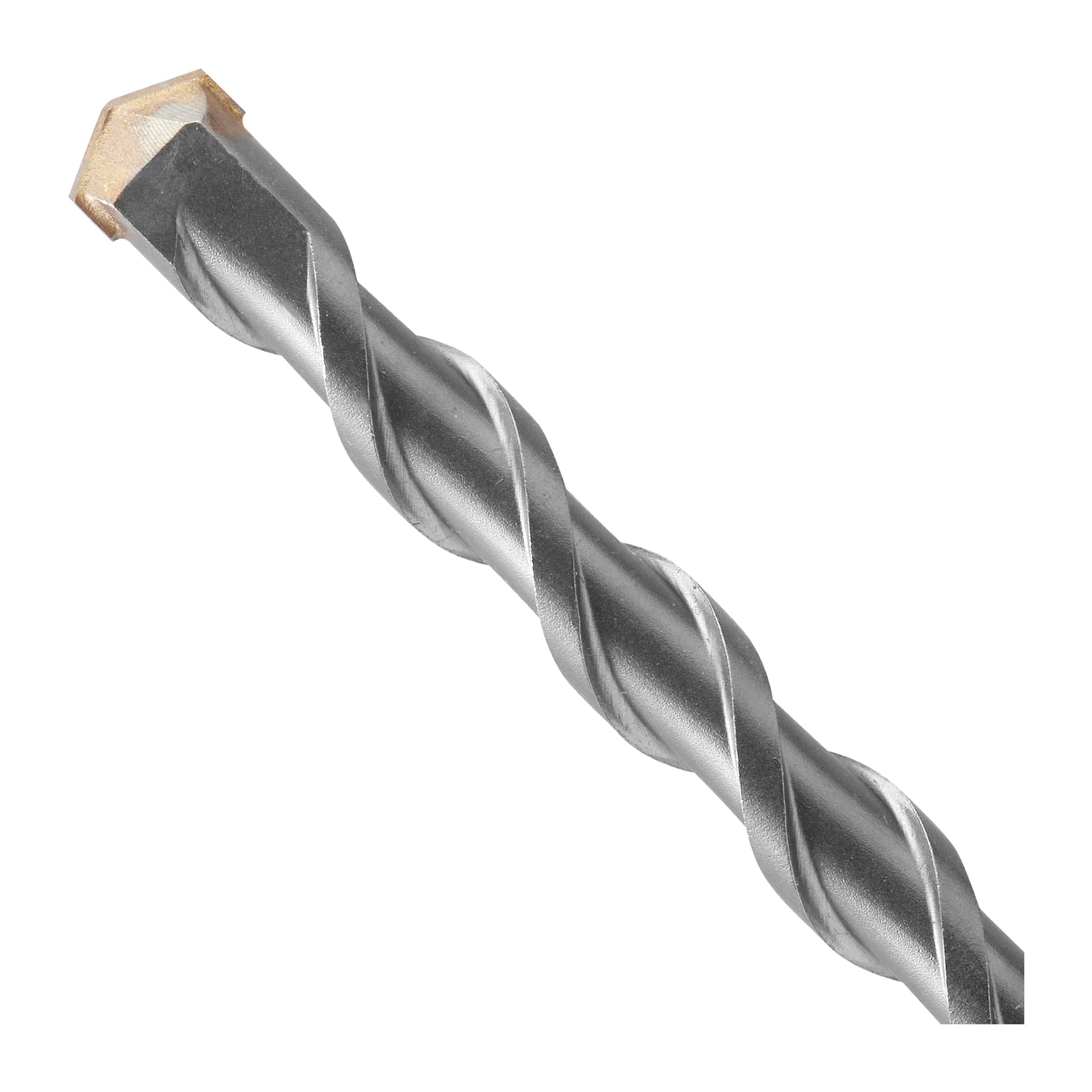 Närbild av Meec Tools betongborr, som visar dess silverfinish, spetsiga karbidspets och spiralflöjor. Den är byggd för att borra i tåliga material som betong, tegel eller sten.