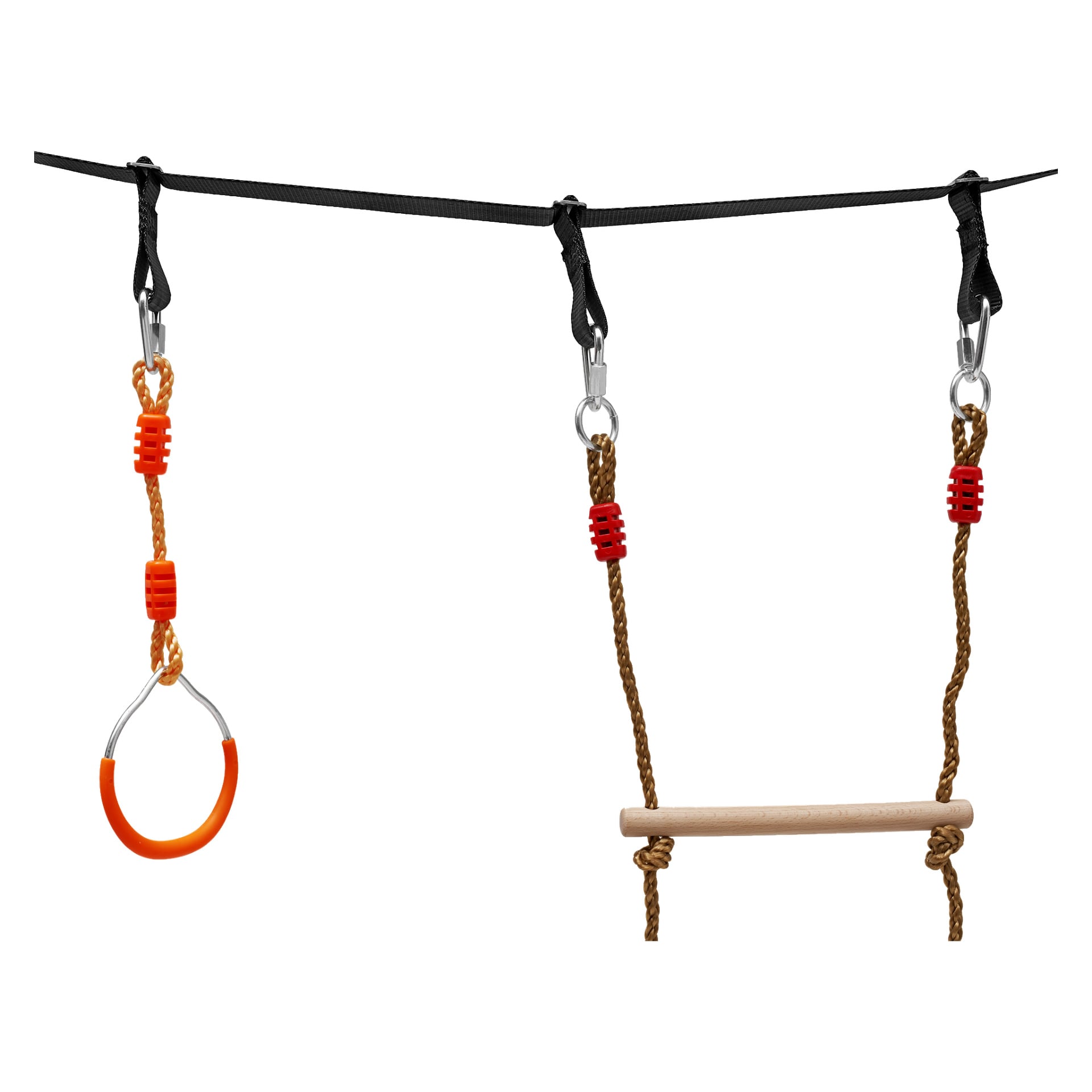 Kayoba Slackline Activity Set innehåller 13 delar, inklusive tre hängande lekplatstillbehör: en enda orange ring på ett rep, en trästång fastsatt med två rep och en svart rem utrustad med en karbinhake. Alla dessa fästs på huvudslacklinan med hjälp av metallspännen.