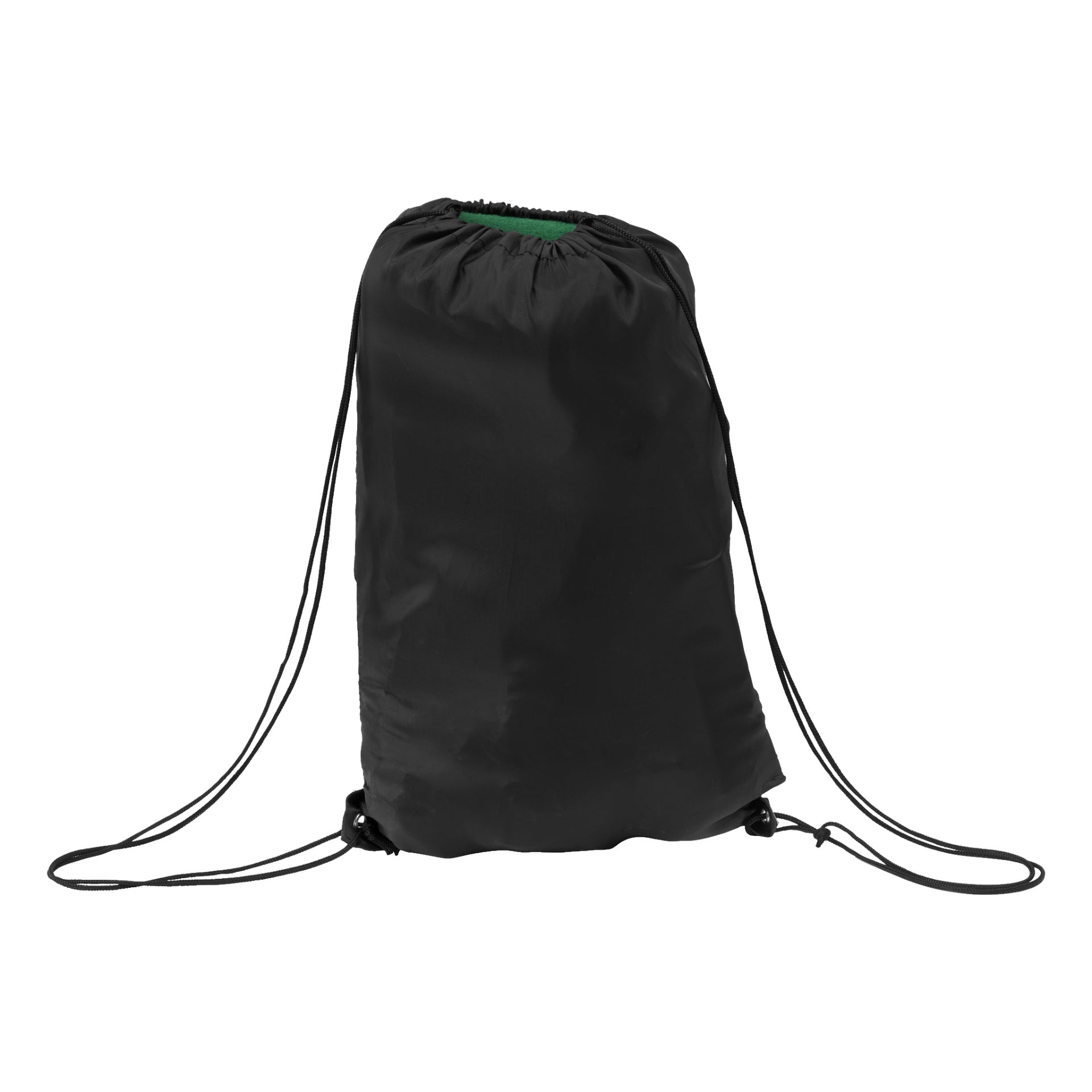 Ett Kayoba Slackline-aktivitetsset (13 delar) visas med paketet stängt, tillsammans med en enkel svart ryggsäck med dragsko och smala svarta remmar.