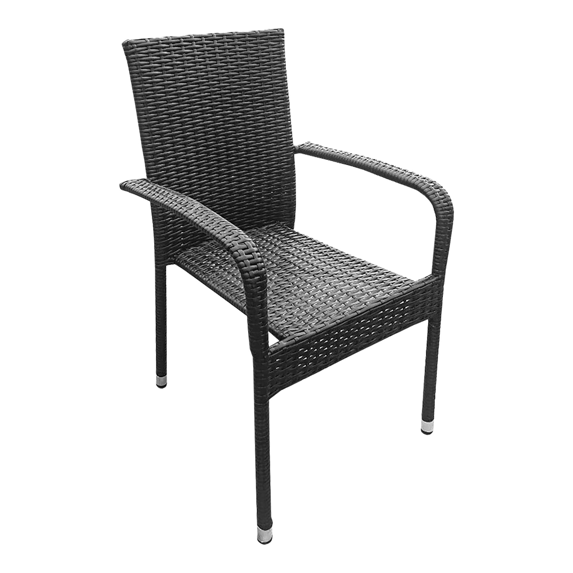 EKVIP Poly rattan-stolen har et svart kurv-utseende, med høy rygg, armlener og ben med metall på tuppene. Stolen vises i en vinkel og beskrives som stilig og komfortabel.