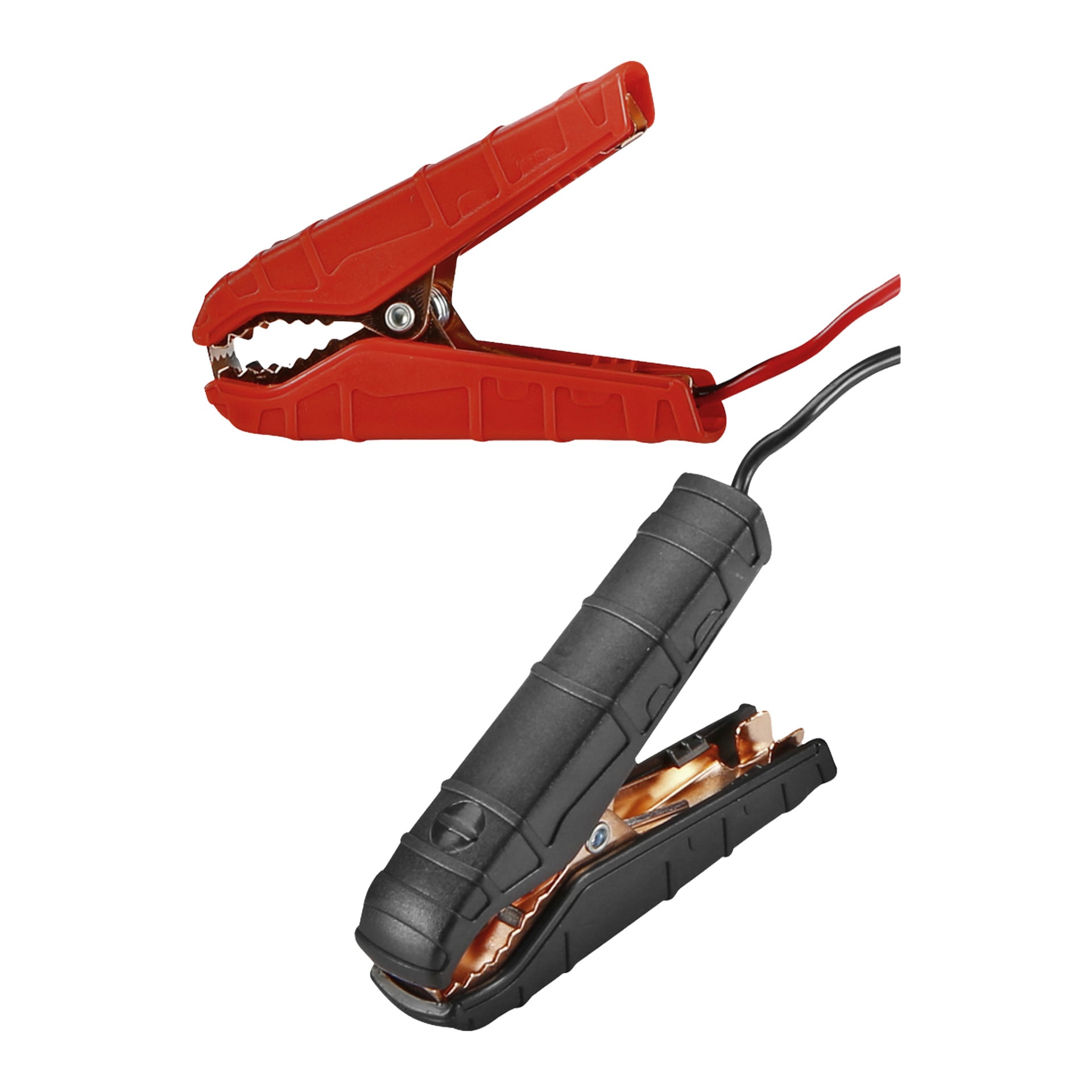 Bilden visar en Hamron Battery-laddare utrustad med två isolerade alligatorklämmor – en röd och en svart – var och en fäst vid en kabel. Klämmorna har texturerade grepp och metallkäftar, designade för säker anslutning vid startade bilbatterier.