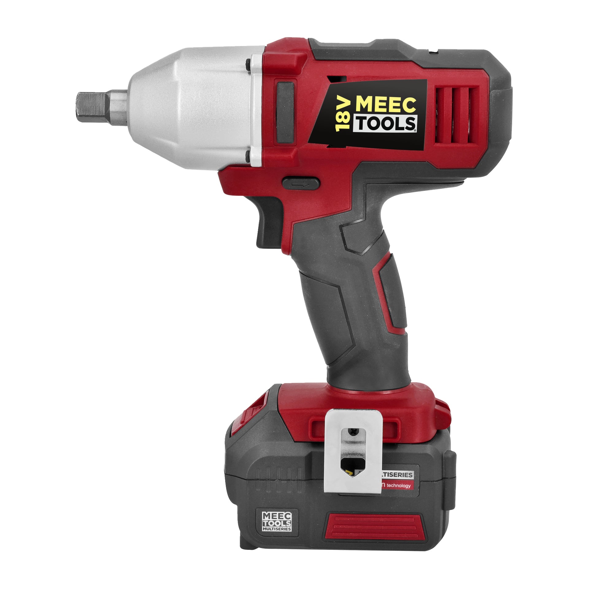 Meec Tools Multiseries -paristokäyttöinen iskuavain IW-18V EASY 100, jossa on musta ja punainen muotoilu, harmaa liipaisin ja siihen kiinnitetty akkupaketti, katsottuna sivusta.