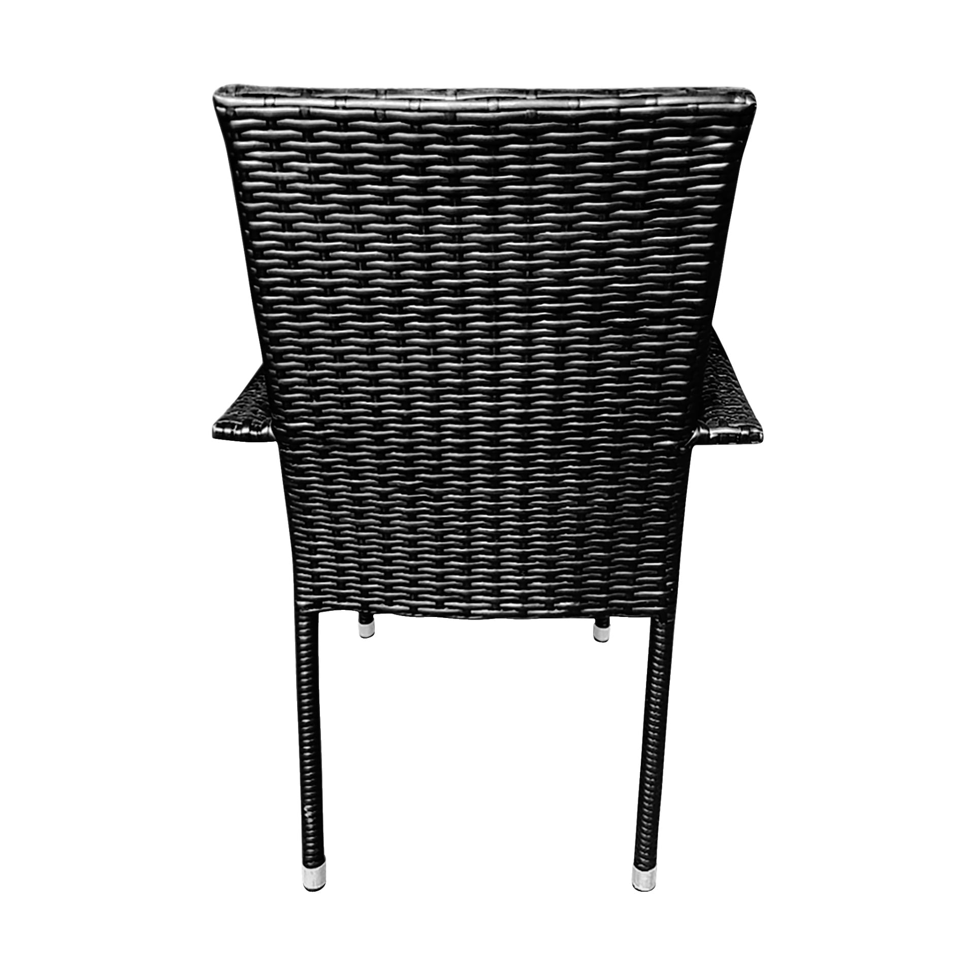 EKVIP Poly rattan-stolen sees bakfra, og viser sitt svarte vevde mønster, rette ben og armlener.