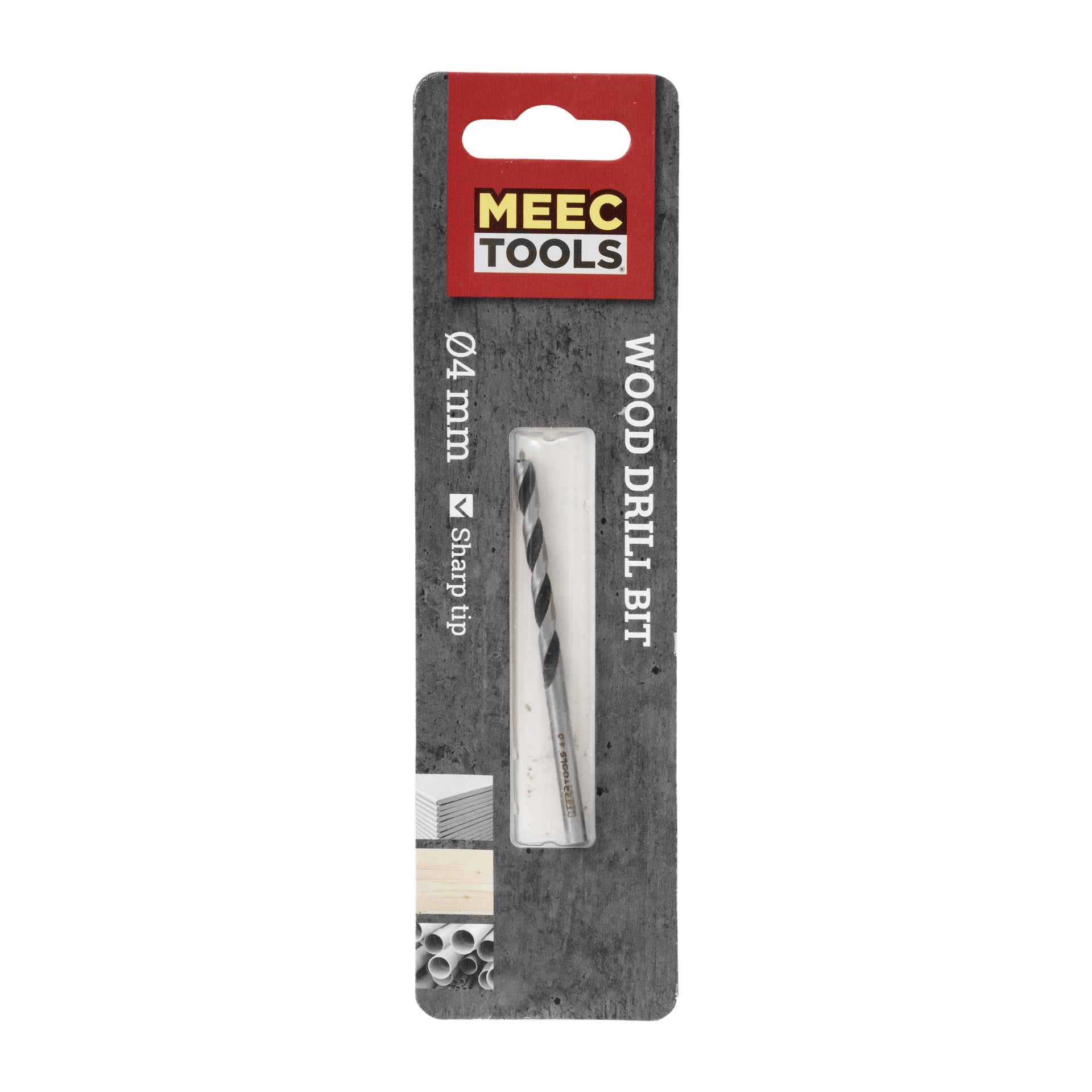 En Meec Tools Wood drill, i storleken 4 mm, visas i sitt genomskinliga plast- och kartongpaket. Hållaren visar illustrationer av verktyget tillsammans med viktiga produktdetaljer tryckta i vitt på en grå panel.