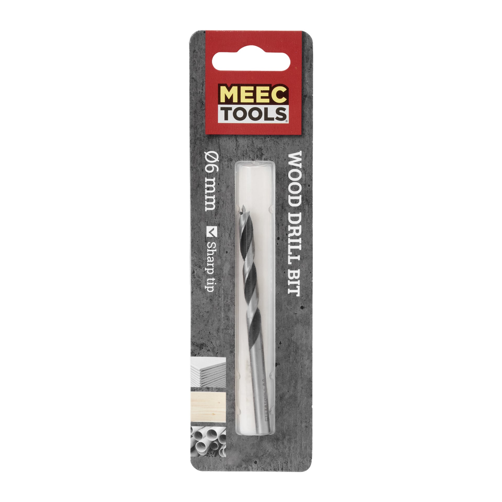 En 6 mm Meec Tools träborr i sin grå förpackning, som framhäver sin vassa spets på etiketten. Paketet listar också produktfunktioner och inkluderar en liten bild av trä i nedre vänstra hörnet.