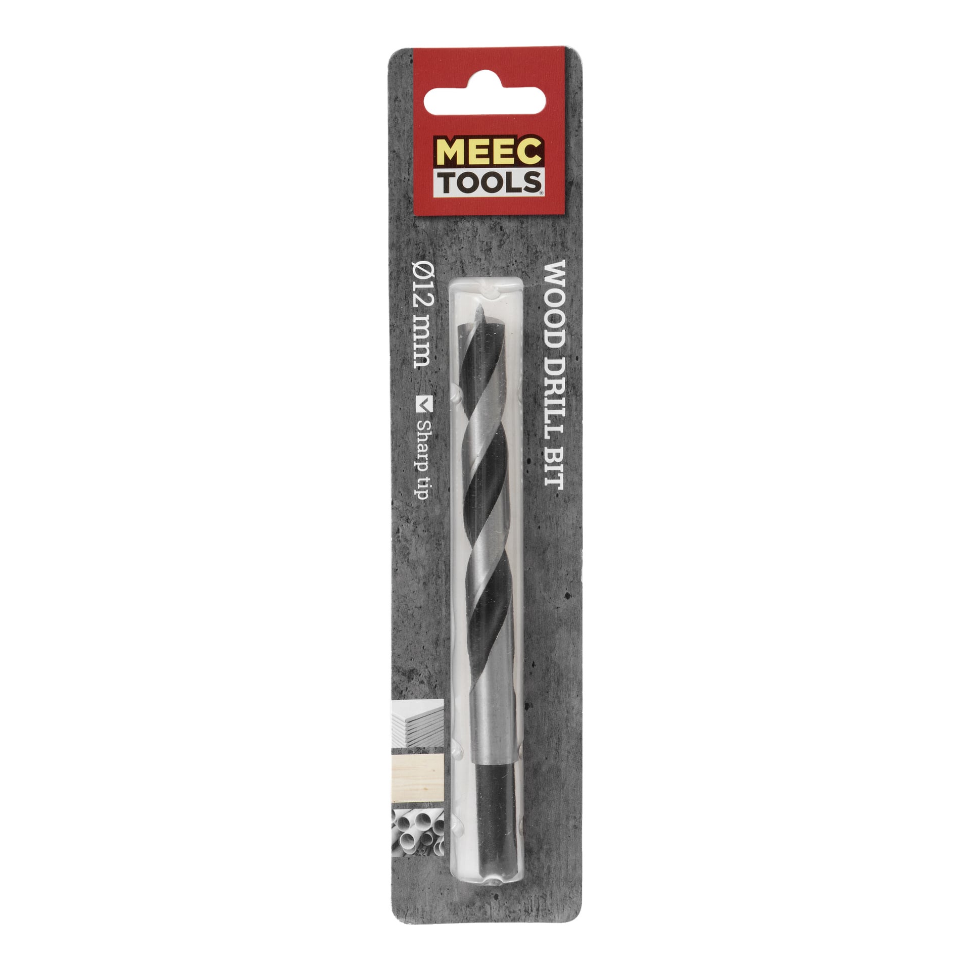 En 12 mm träborr från Meec Tools är innesluten i ett transparent plasthölje, fäst på ett rött och vitt kort med vertikal produktinformation och små bilder av olika borrbitar längs den nedre kanten.