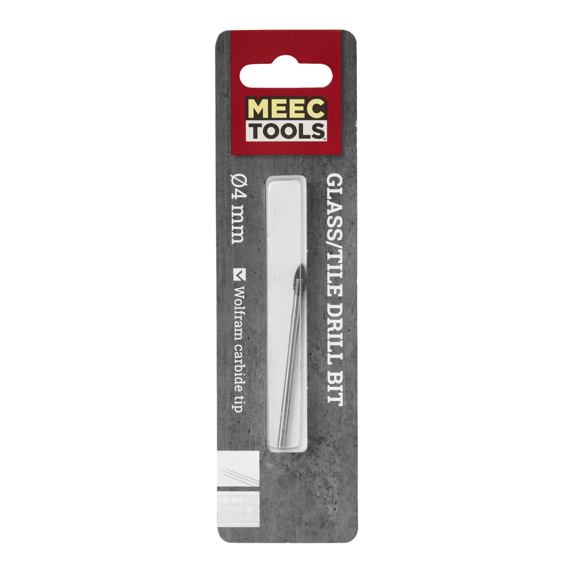 En Meec Tools glas-/kakelborr visas i förpackningen och visar den 4 mm tungstenkarbidspetsen genom ett transparent plastfönster inbäddat i grå kartongbaksida.