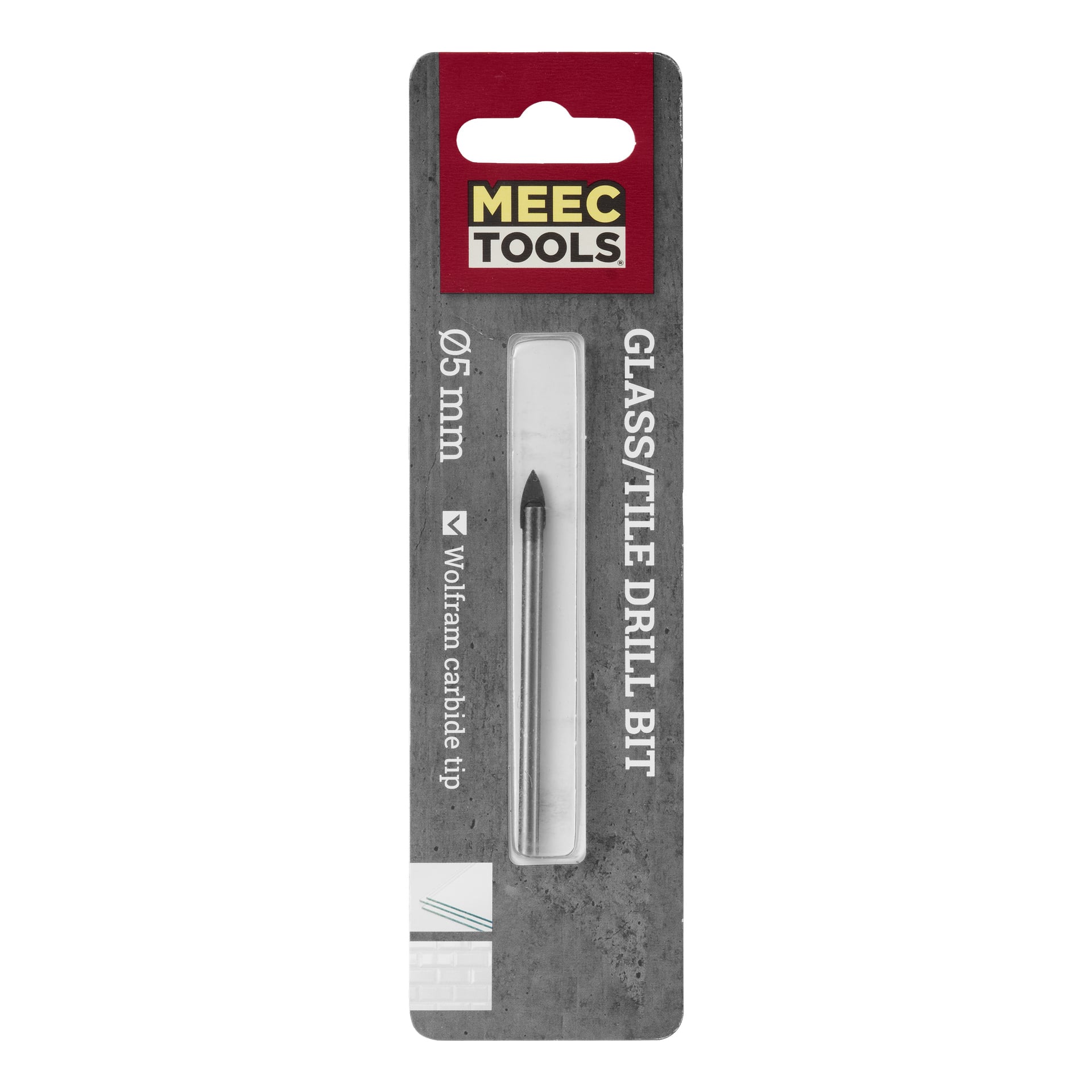 En Meec Tools glas- och kakelborr, 5 mm i diameter med en spets av volframkarbid, förpackad i klar plast med kartongunderlag som visar produktinformation på framsidan.