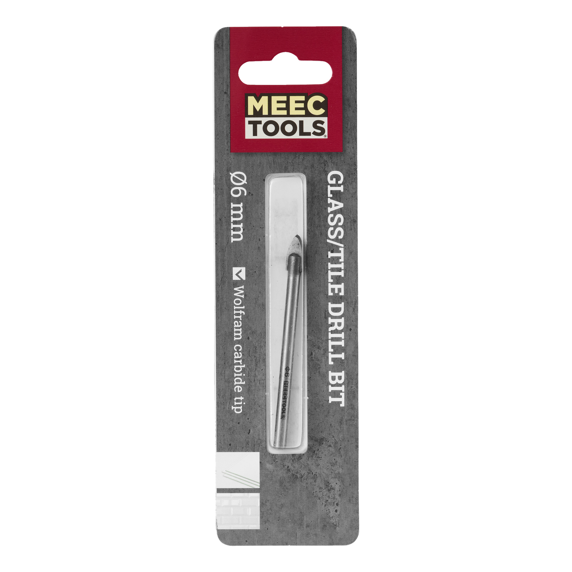 En 6 mm Meec Tools glas- och kakelborr är förpackad med ett genomskinligt plastfönster som visar borrbiten, vilket framhäver dess wolframkarbidspets.