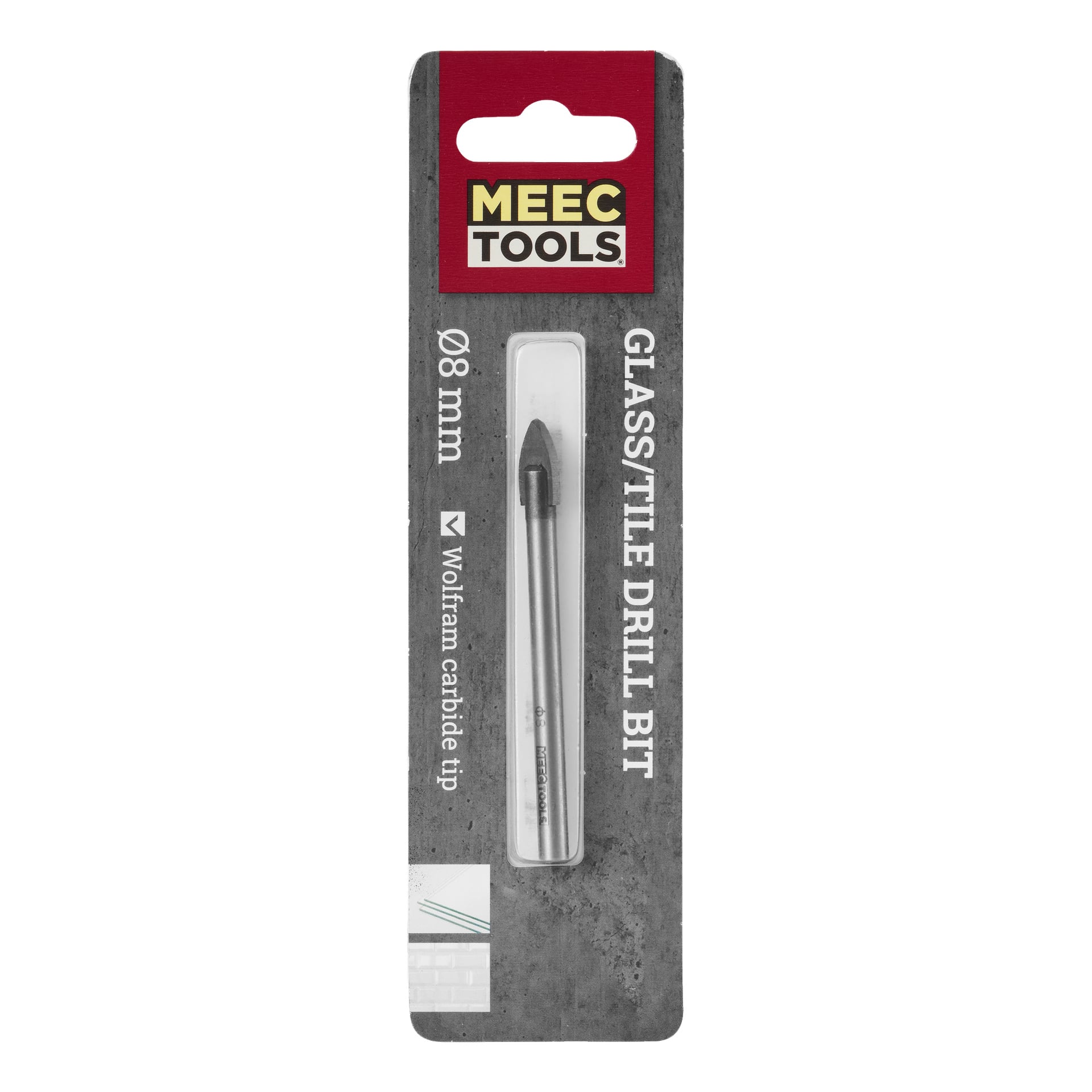 Ett 8 mm Meec Tools glas- och kakelborr med en topp av volframkarbid, placerat vertikalt inuti ett transparent plastfodral fäst på en grå kartongbaksida.