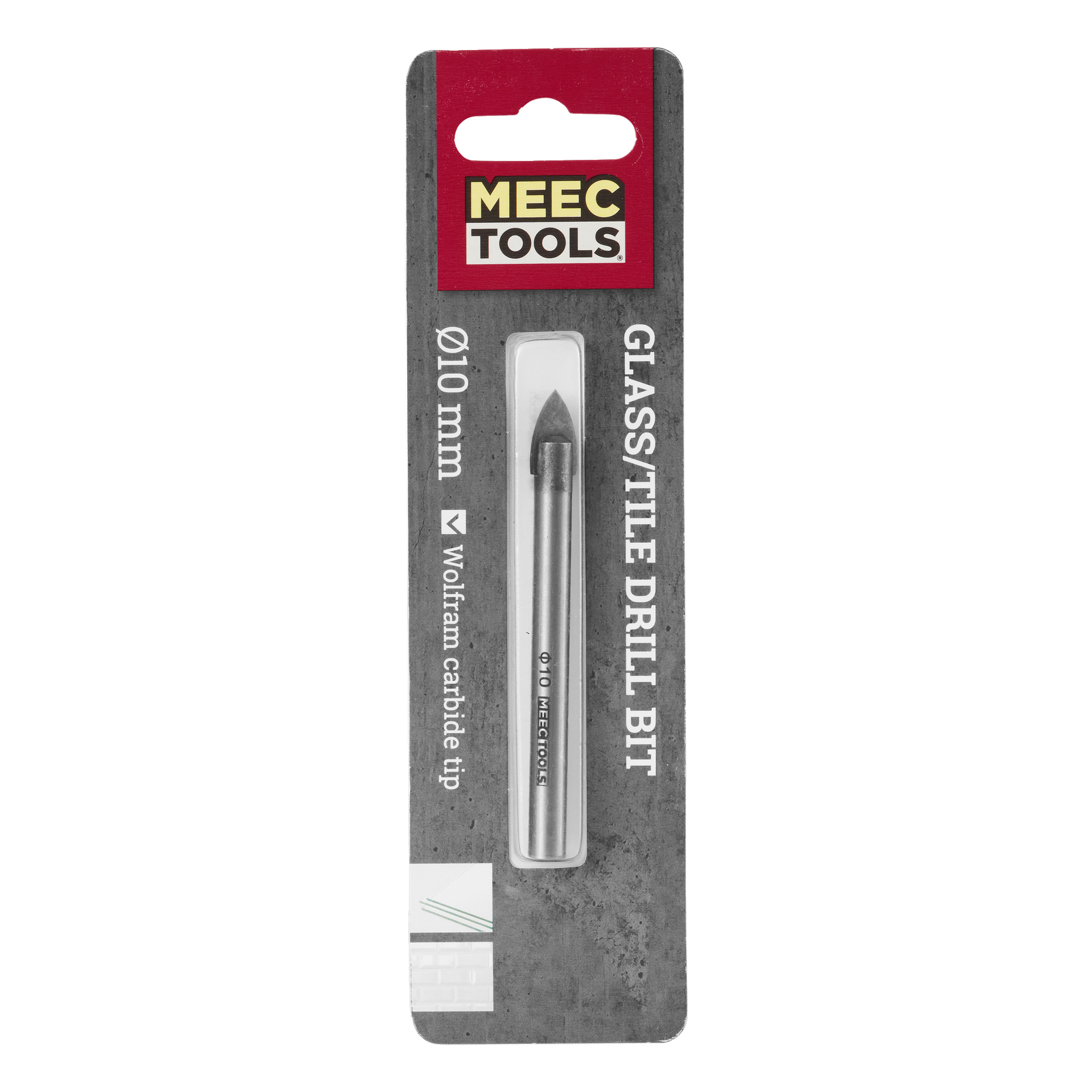 En Meec Tools glas- och kakelborr, förpackad och märkt 10 mm med en topp av volframkarbid, står upprätt mot en grå bakgrund.