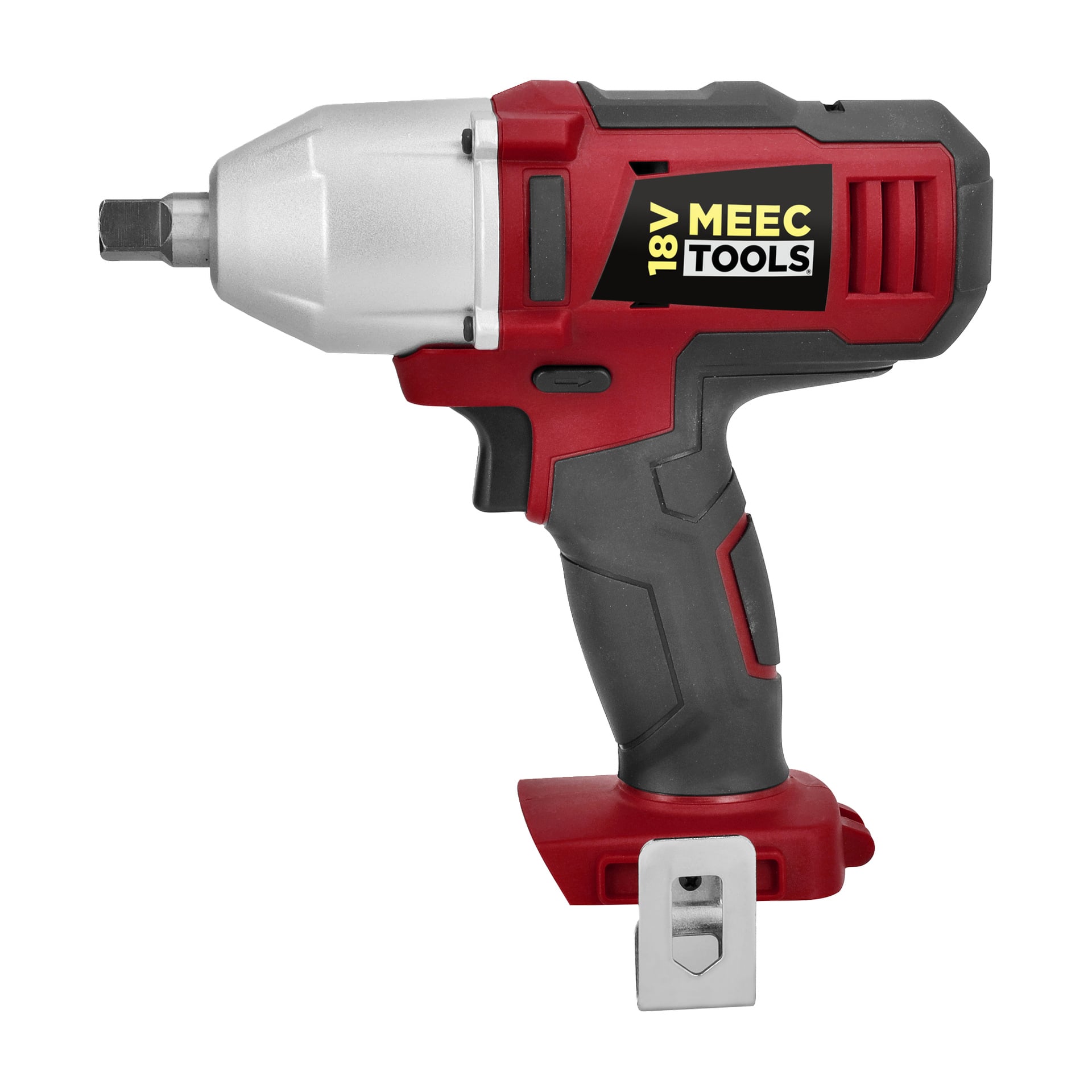 Meec Tools Multiseries -iskujakoavain punaisena ja mustana, harmaalla metallinhohtoisella kannella, mustalla kahvalla ja metallisella vyöklipsillä jalustassa. Malli on IW-18V EASY 100 ja se käyttää akkua.