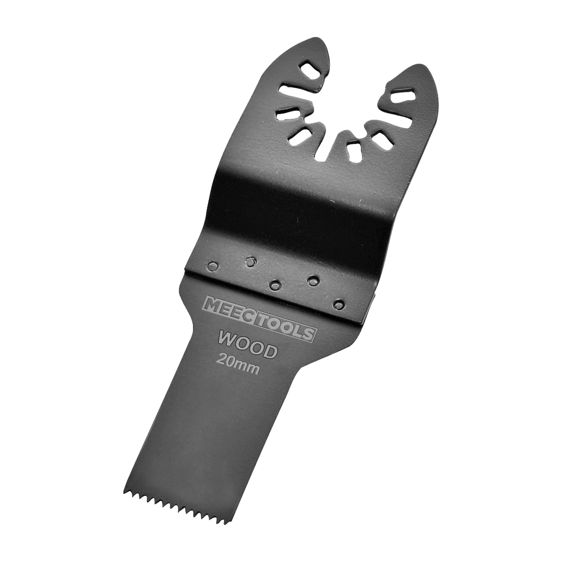 Eine schwarze Klinge aus dem Accessoire-Set für Multitools 4 Teile von Meec Tools, mit einem flachen Korpus, gezackter Kante und einem Montageende mit mehreren Schlitzen und Löchern.