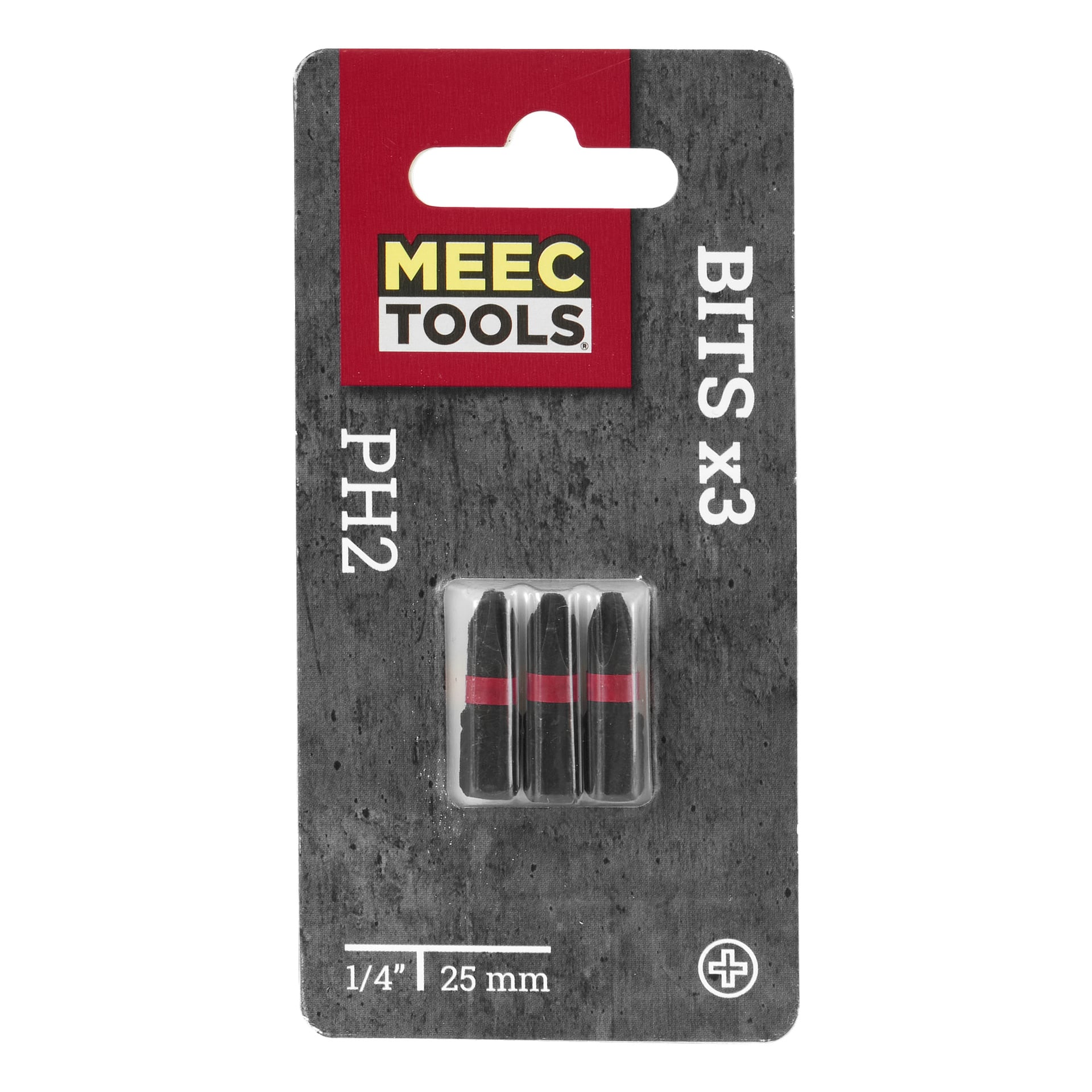 Tre Meec Tools-bitar, vardera 25 mm långa och 1/4 tum breda, visas i svart med röda band. De är förpackade tillsammans i ett genomskinligt plastfodral fäst vid kartong med varumärkeslogotypen.