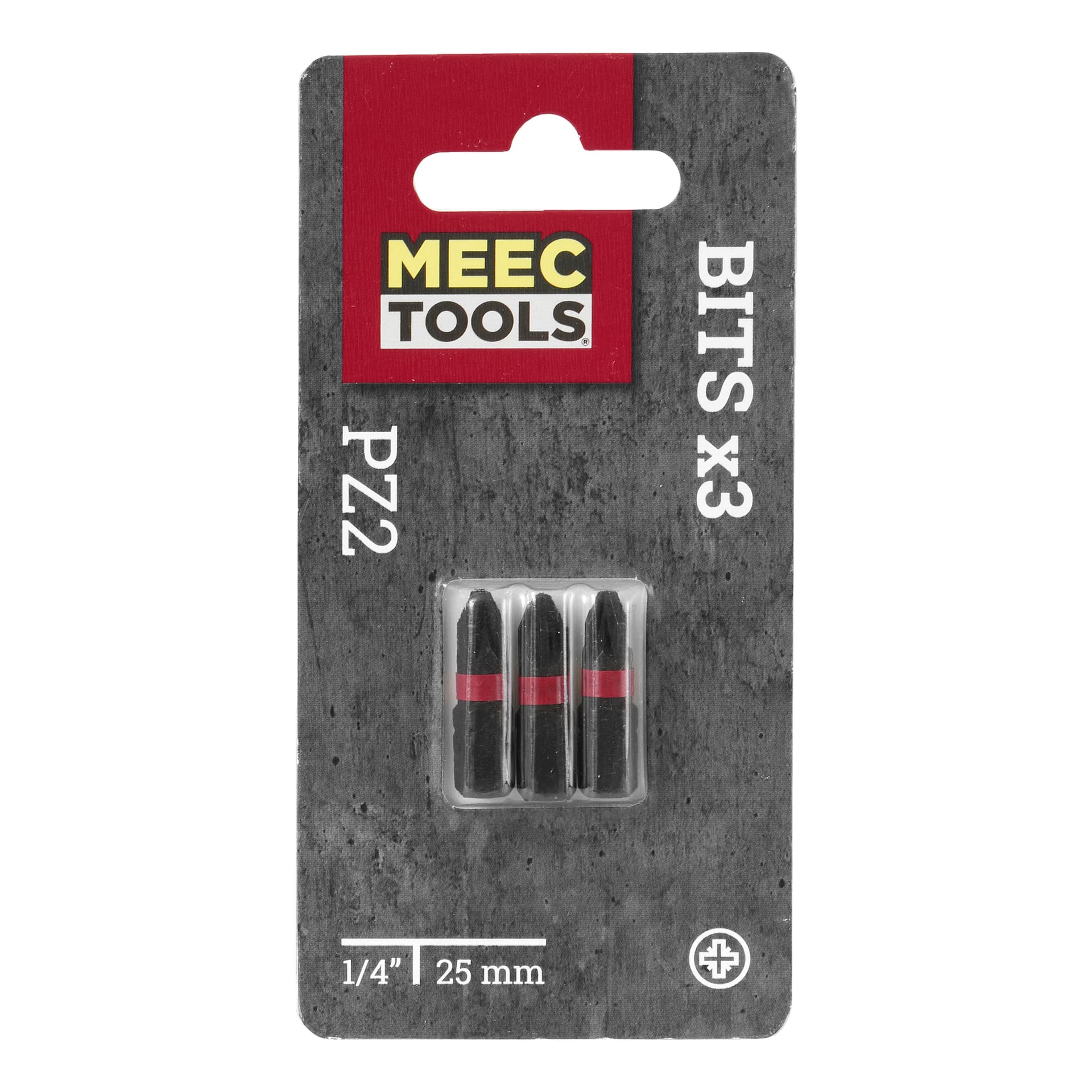 Tre svarta Meec Tools-skrumejselbits med röda band, märkta PZ2, 1/4" och 25 mm, är arrangerade i ett paket om tre på en grå texturerad yta.