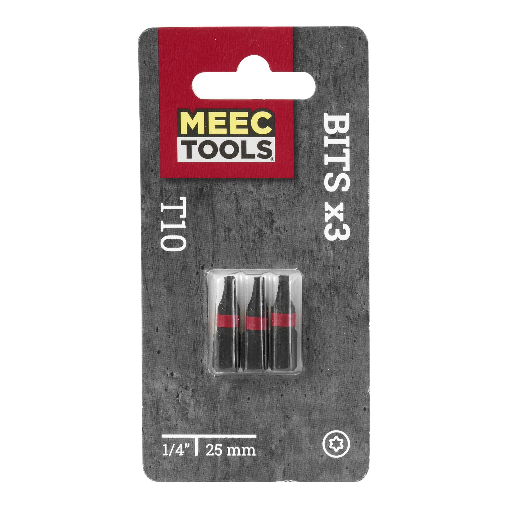 Ett set med tre Meec Tools-skruvmejselbitar, 25 mm långa och 1/4 tum stora, visade i en genomskinlig plastblisterförpackning fäst på ett grått och rött baksida.