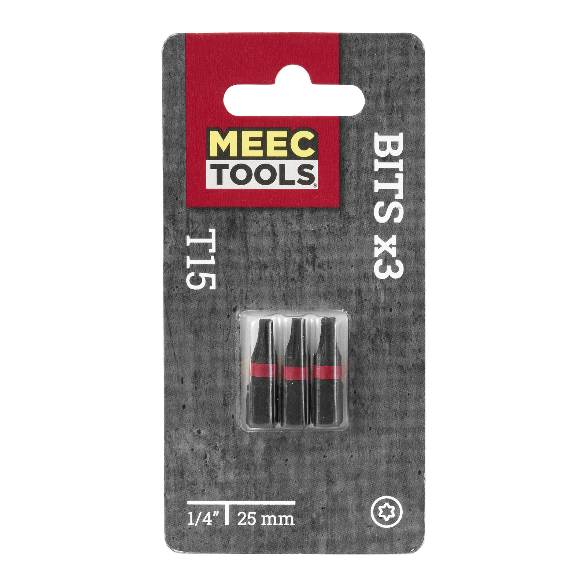"Bits 3 pack"-paketet från Meec Tools rymmer tre T15-skruvmejselbitar, var och en 25 mm lång med ett 1/4 tum långt skaft. Förpackningen är grå med vita bokstäver, och högst upp finns ett rött område med Meec Tools-loggan i gult.