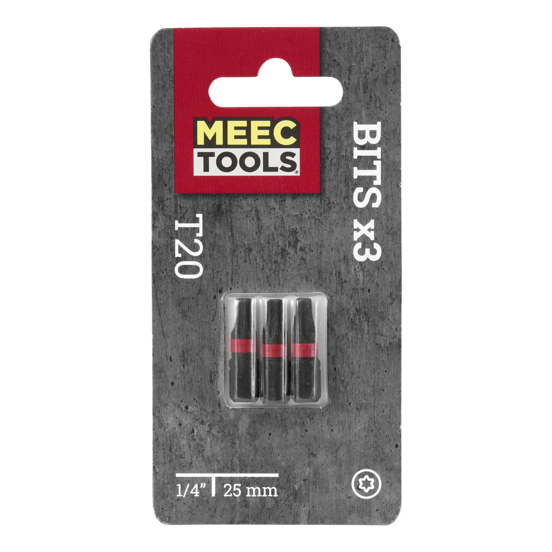 Tre Meec Tools-borr, vardera 1/4" och 25 mm stora, är svarta med röda ränder. De visas i ett genomskinligt plastfodral monterat på grå kartong.