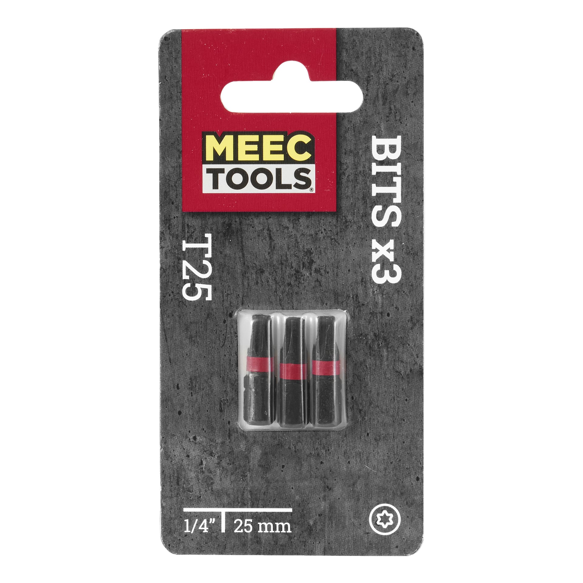 Ett Meec Tools Bits 3-pack i grå förpackning, med tre svarta T25-skruvmejselbitar med röda band. Förpackningen innehåller detaljer som "1/4, 25 mm" och annan produktinformation i vit text.