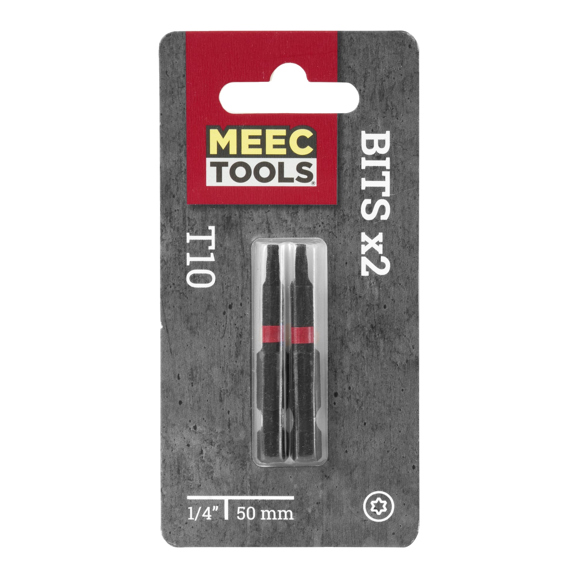 Ett par svarta Meec Tools-skruvmejselbitar med röda band visas i ett transparent plastfodral fäst vid grå, märkt kartong. Förpackningen innehåller texten "BITS 2 pack", "T10" och "1/4 50 mm." En vit stjärnsymbol visas nere i högra hörnet.