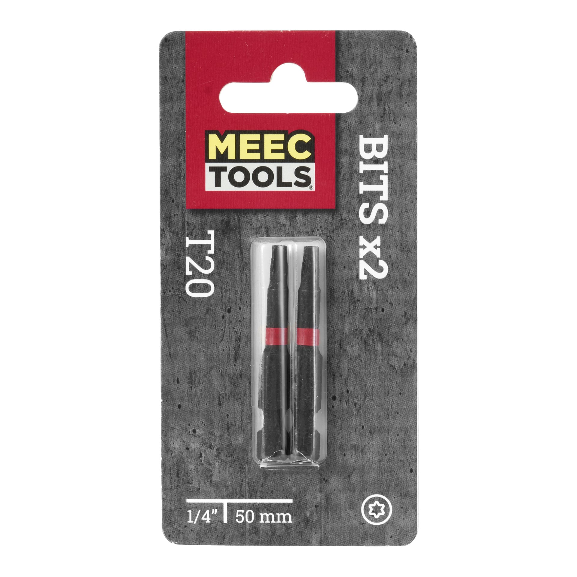 Ett Meec Tools 2-pack med två T20-bitar (1/4", 50 mm) visas i en plasthållare mot en grå bakgrund, med produktspecifikationer skrivna i vitt.