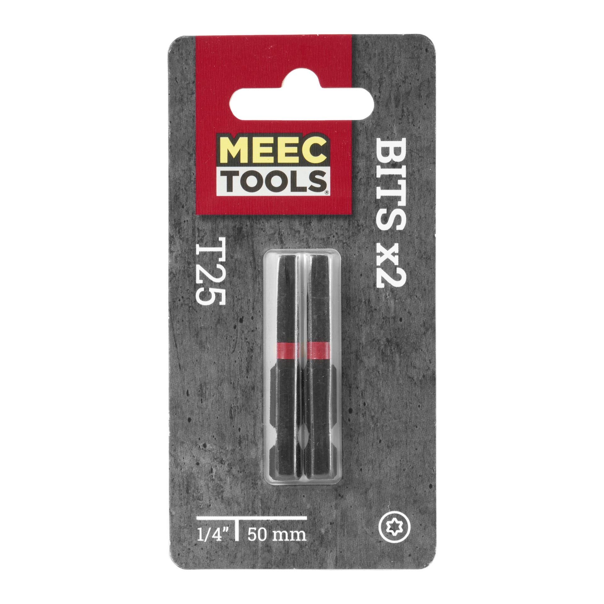 Två Meec Tools T25-skruvmejselbitar, vardera 1/4 tum gånger 50 mm, visas fästa på svart och röd kartongförpackning. Bitarna har ett slät svart utseende med en tydlig röd rand nära toppen.