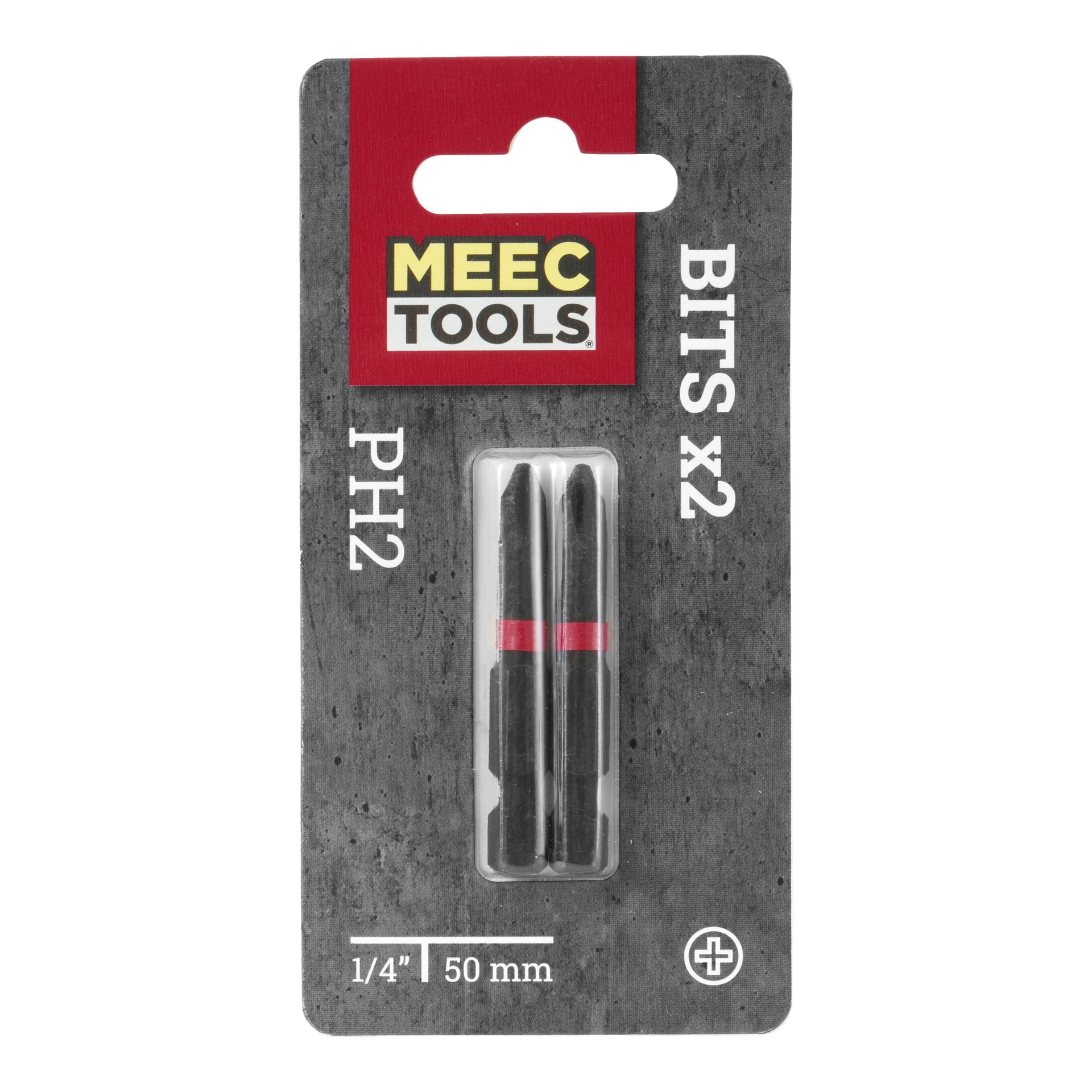 "Bits 2-paketet" från Meec Tools innehåller två PH2-skruvmejselbitar, vardera 50 mm långa och 1/4 tum stora, båda med en röd markering nära spetsen, synlig på en grå yta.
