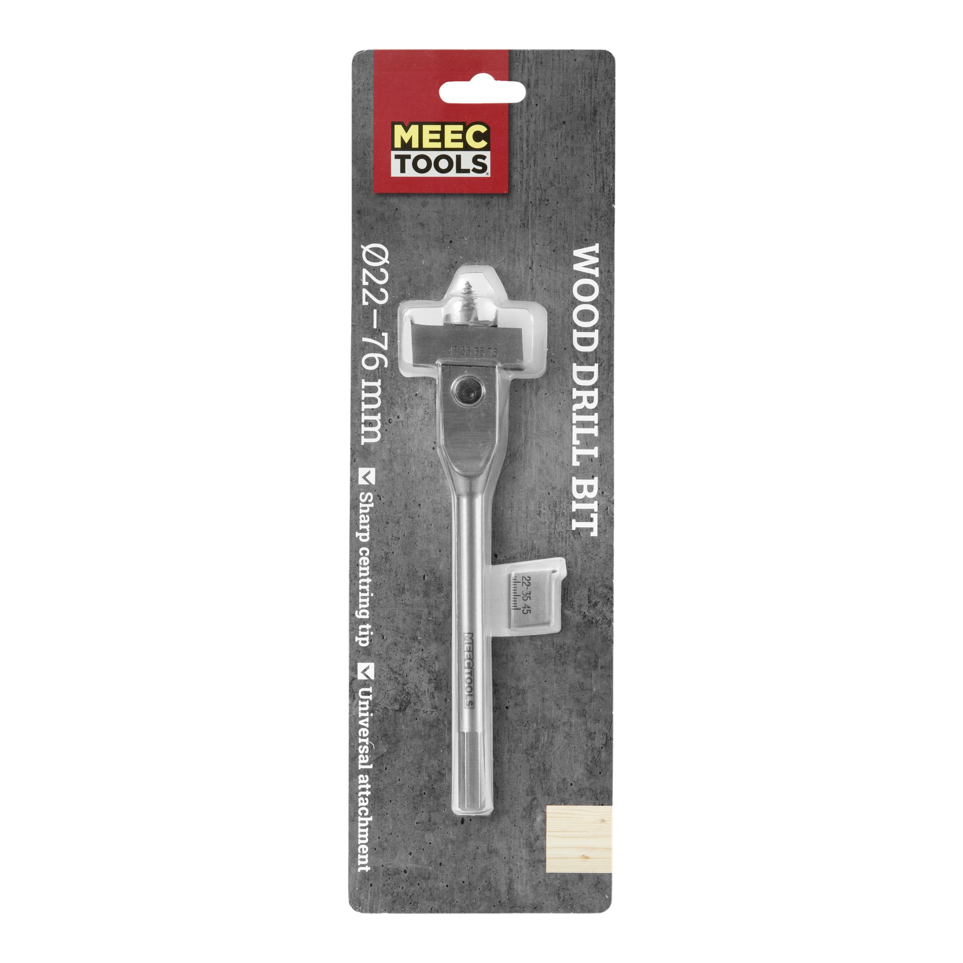 Meec Tools justerbar träborr, storlek 22x76 mm, förpackad med en skarp centreringsspets och universell fäste. Borrkronan står vertikalt på en grå baksida och förpackningen visar produktinformation.