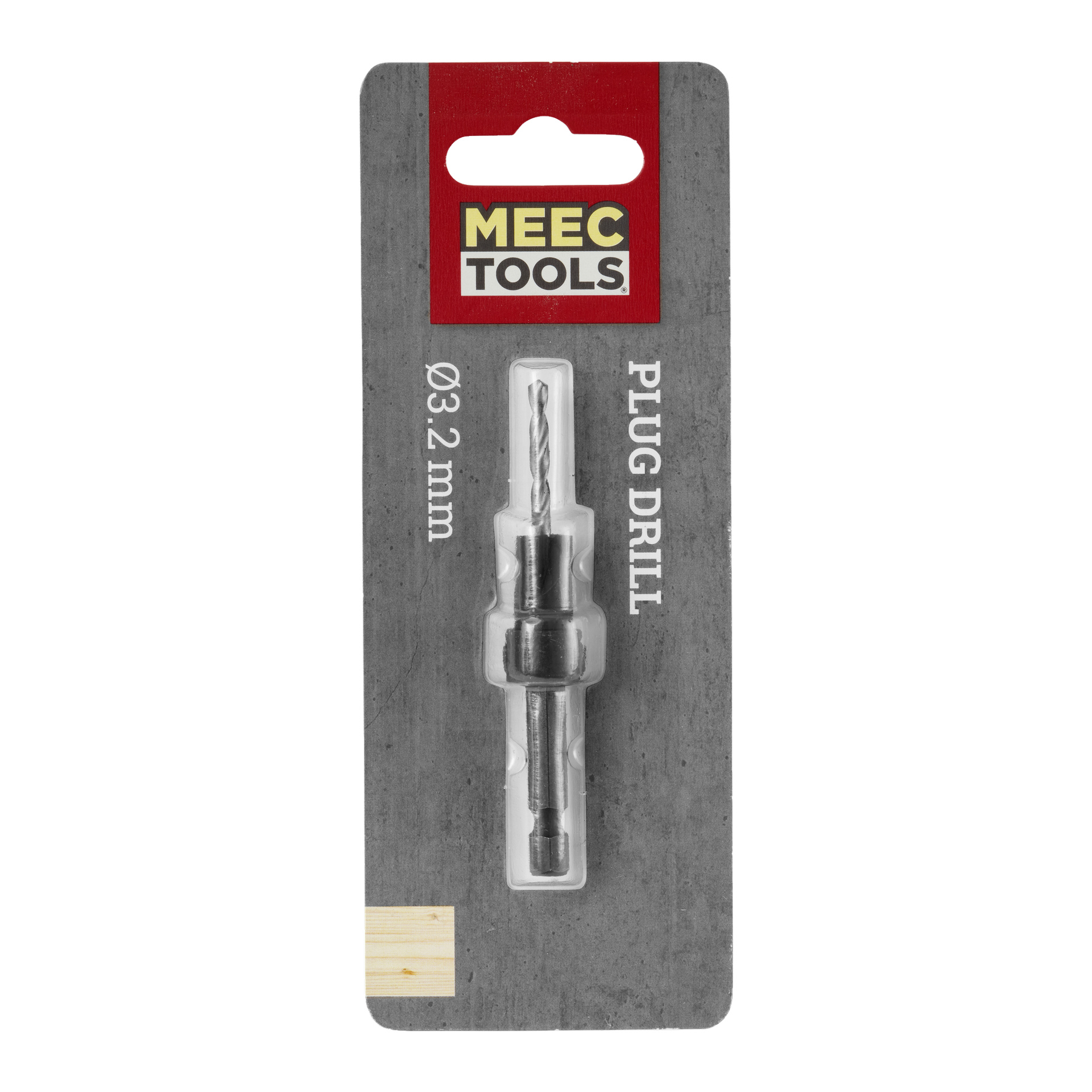 En Meec Tools Plug Drill innesluten i genomskinlig plastförpackning på en grå baksida. Varumärkeslogotypen syns högst upp, med en etikett under som visar "Plug Drill" och "Ø3,2 mm." Borrkronan syns inuti den genomskinliga förpackningen.