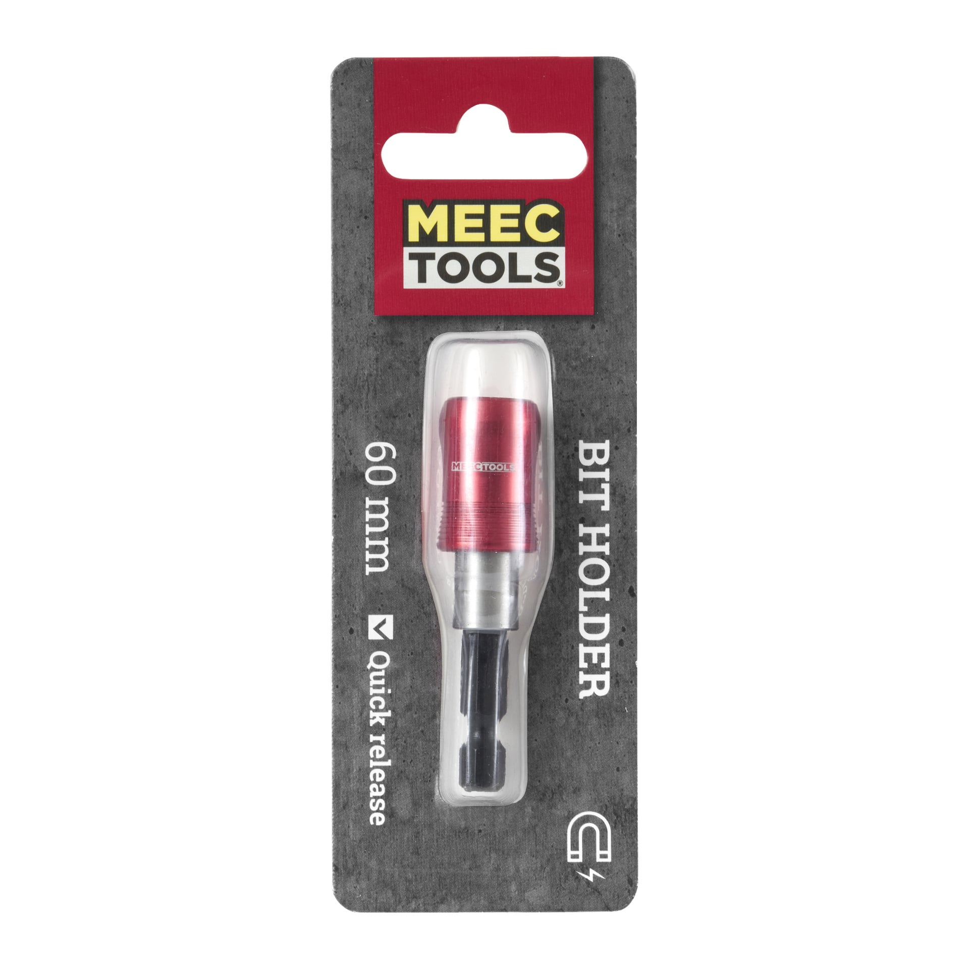 En 60 mm magnetisk bitshållare från Meec Tools med röd och silverfärgad snabbutlösare, visad i ett genomskinligt plastpaket fäst på grå och svart kartongbaksida märkt med varumärkes- och produktnamn.