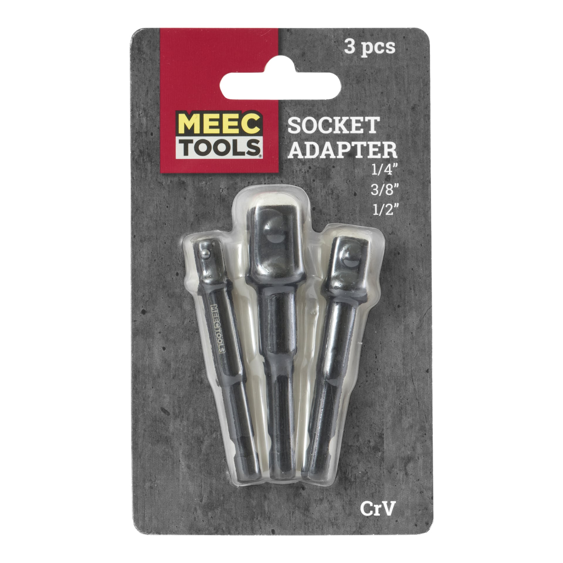 Tre svarta Meec Tools hylsadaptrar för borrmaskiner, i storlekarna 1/4", 3/8" och 1/2", fästa på ett grått kort och inneslutna i transparent plastförpackning.