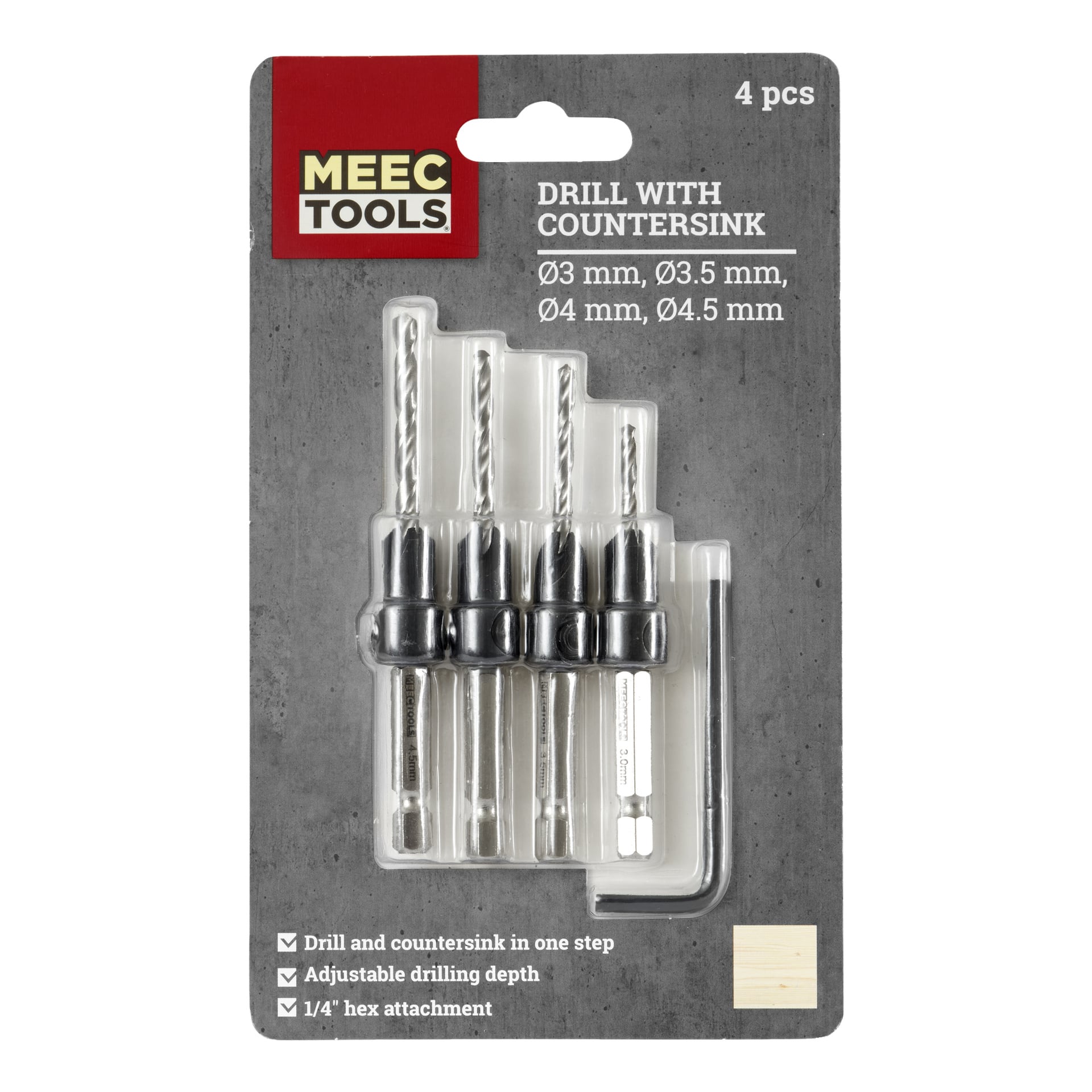Meec Tools Drill med forsenker, 4 stk for 3, 3,5, 4 og 4,5 mm. Justerbar dybde og 1/4" sekskantfeste.